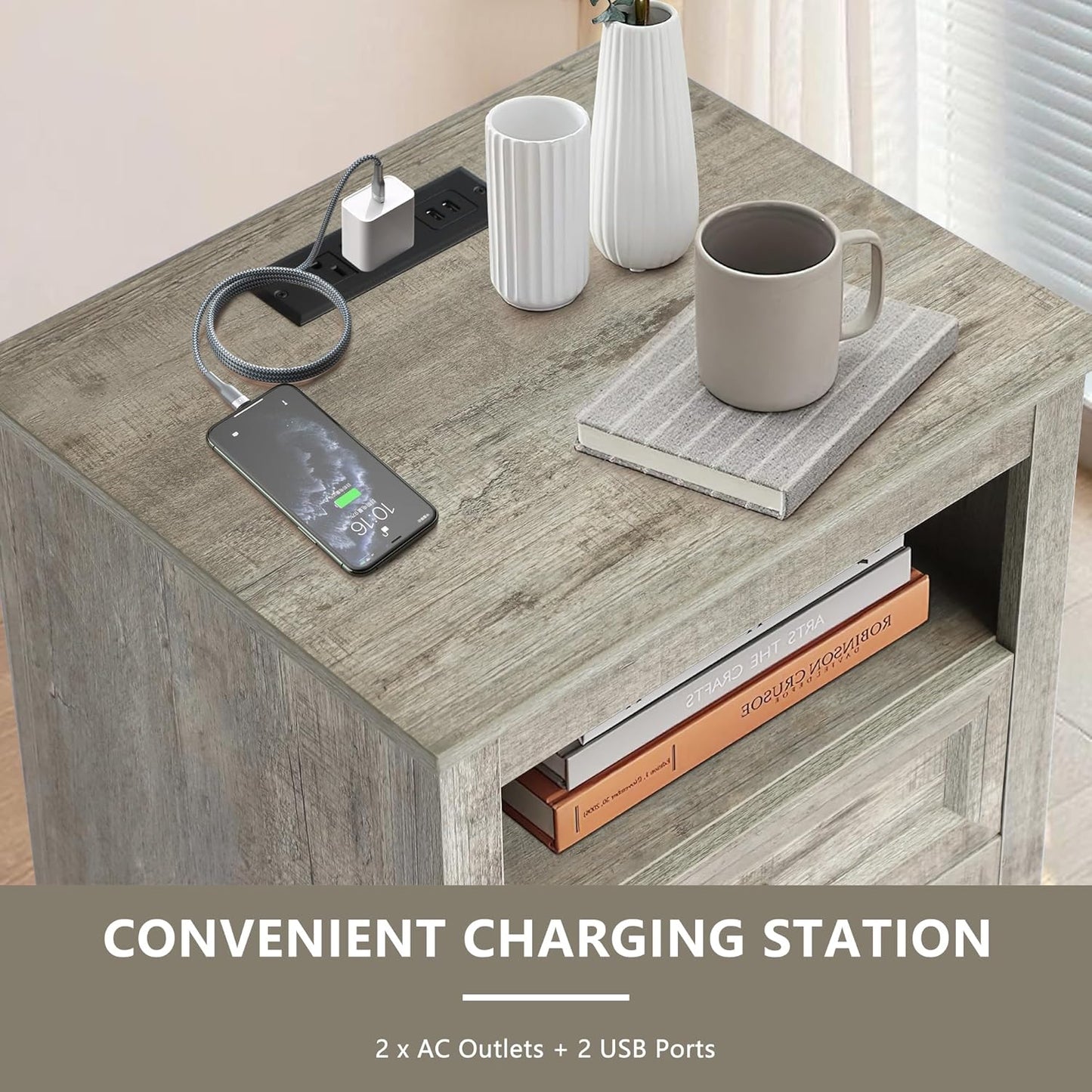 Farmhouse Night Stand with 2 Drawers with Charge - Set of 2 -Grey - Image 7