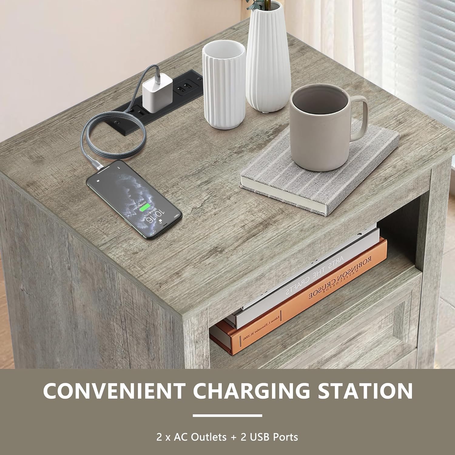 Farmhouse Night Stand with 2 Drawers with Charge - Set of 2 -Grey - Image 7