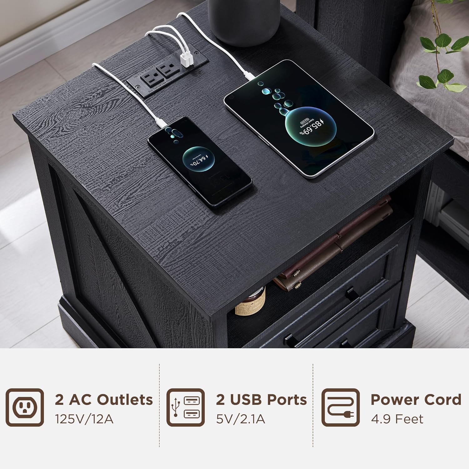 2 DRAWERS Nightstand with Charging Station - Black - Image 3