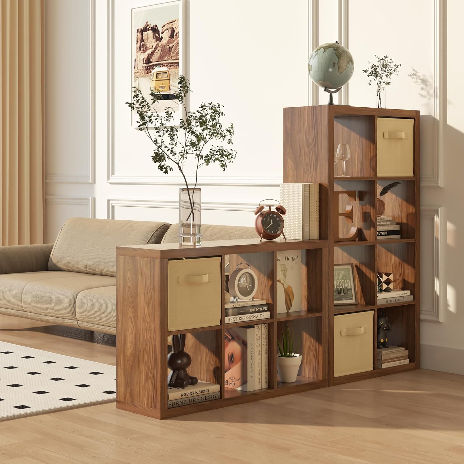 Bookshelf with Storage Bins, 9-Cube Storage Organizer Sturdy Wooden Bookcase - Image 2