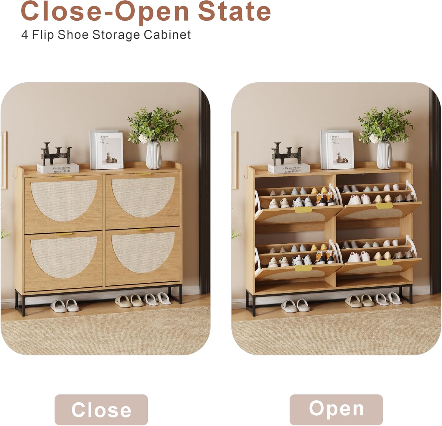 Narrow Shoe Storage Cabinet (Rattan, 4 Flip) - Image 5