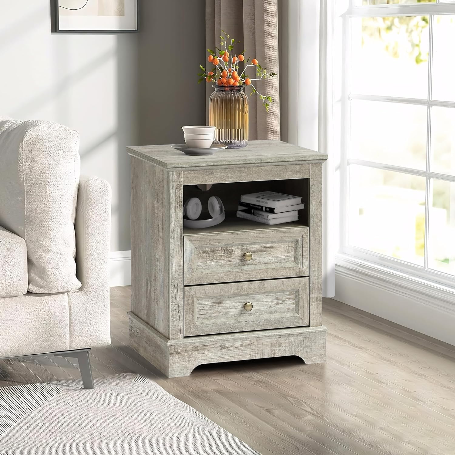 Farmhouse Night Stand with 2 Drawers with Charge - Set of 2 -Grey - Image 3