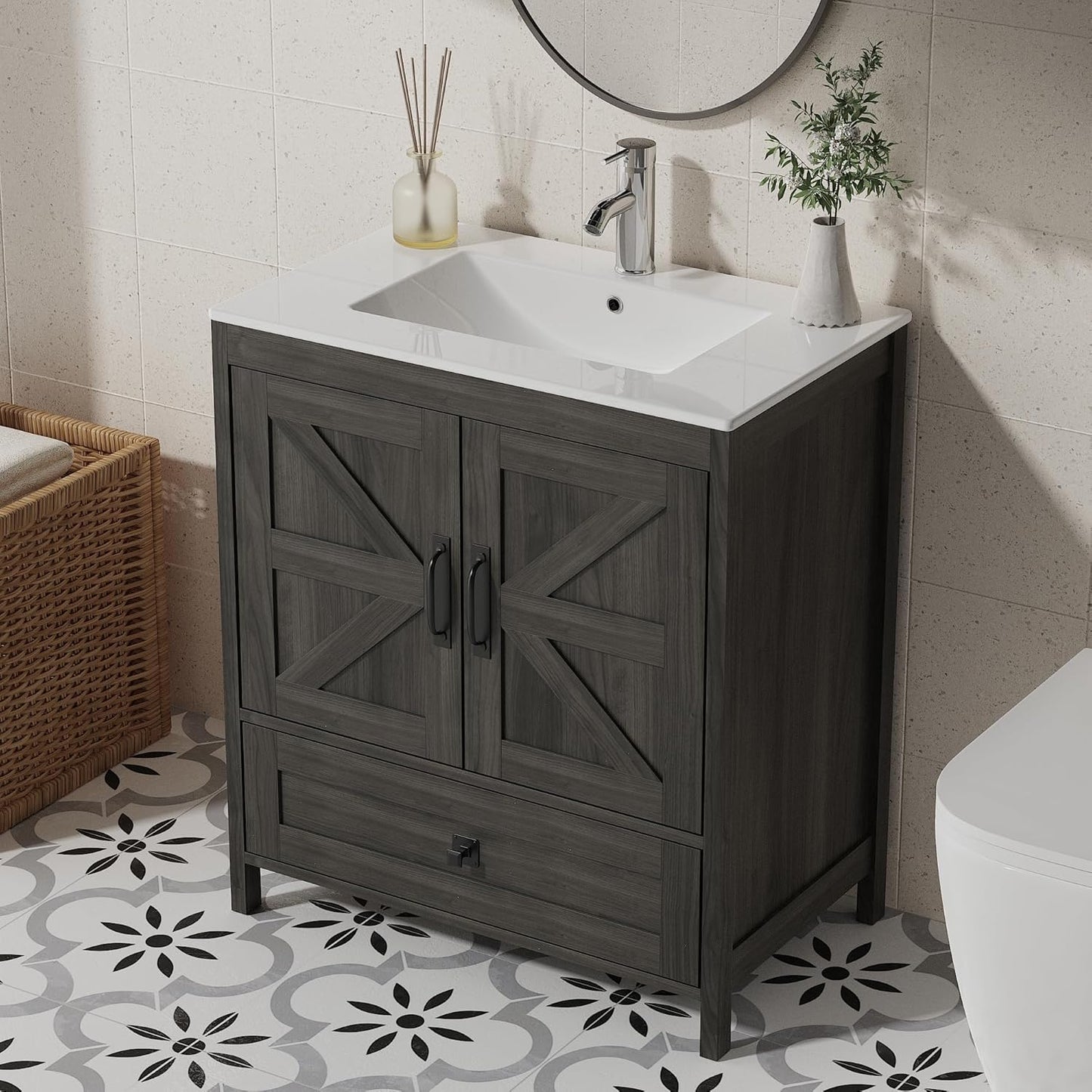 Bathroom Vanity with Ceramic Sink (30 Inch, Cabinet ONLY, Dark Grey) - Image 1