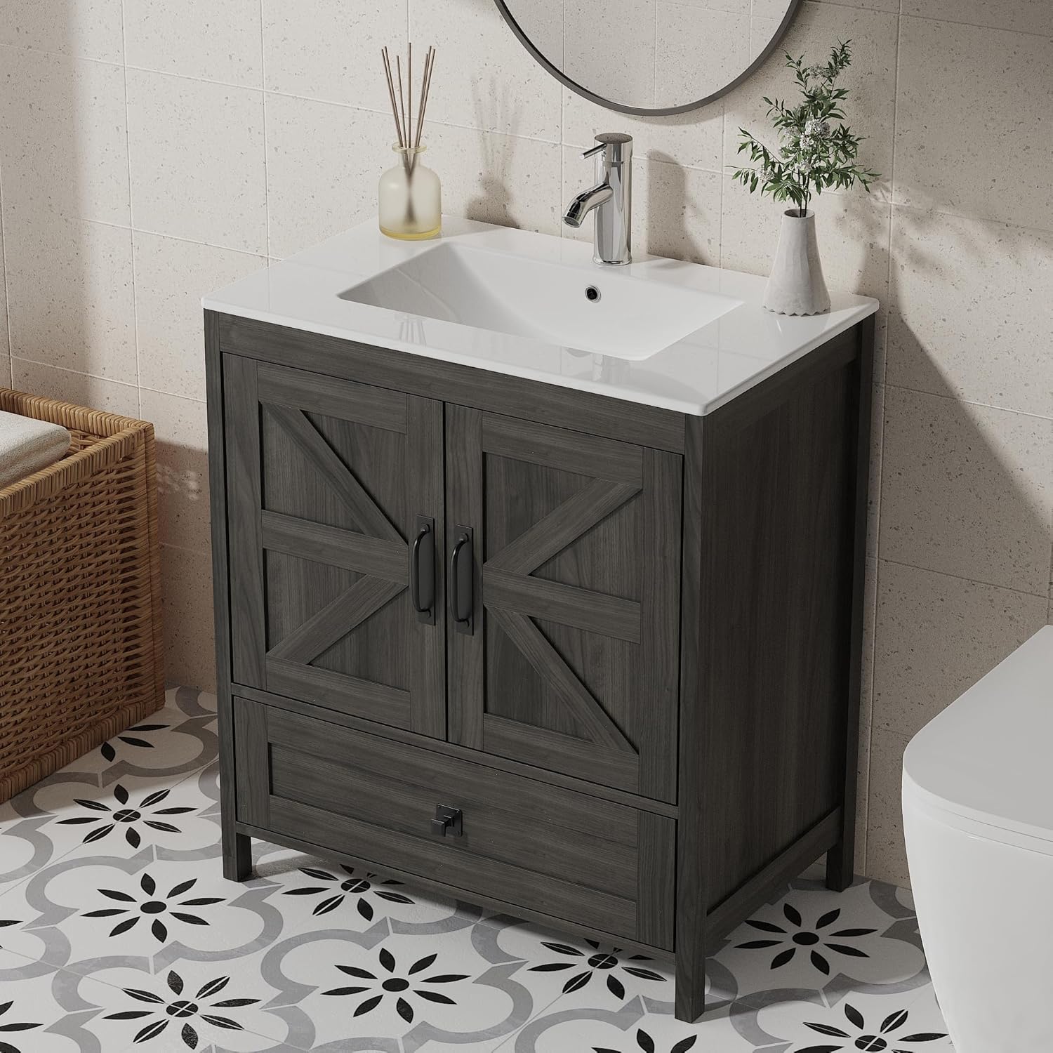 Bathroom Vanity with Ceramic Sink (30 Inch, Cabinet ONLY, Dark Grey) - Image 1
