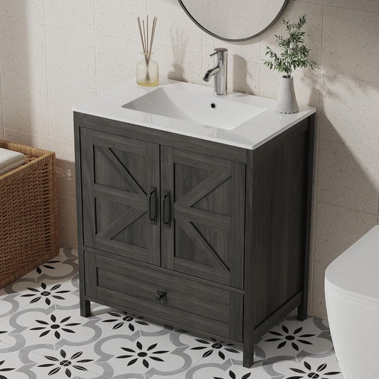 Bathroom Vanity with Ceramic Sink (30 Inch, Cabinet ONLY, Dark Grey) - Image 1
