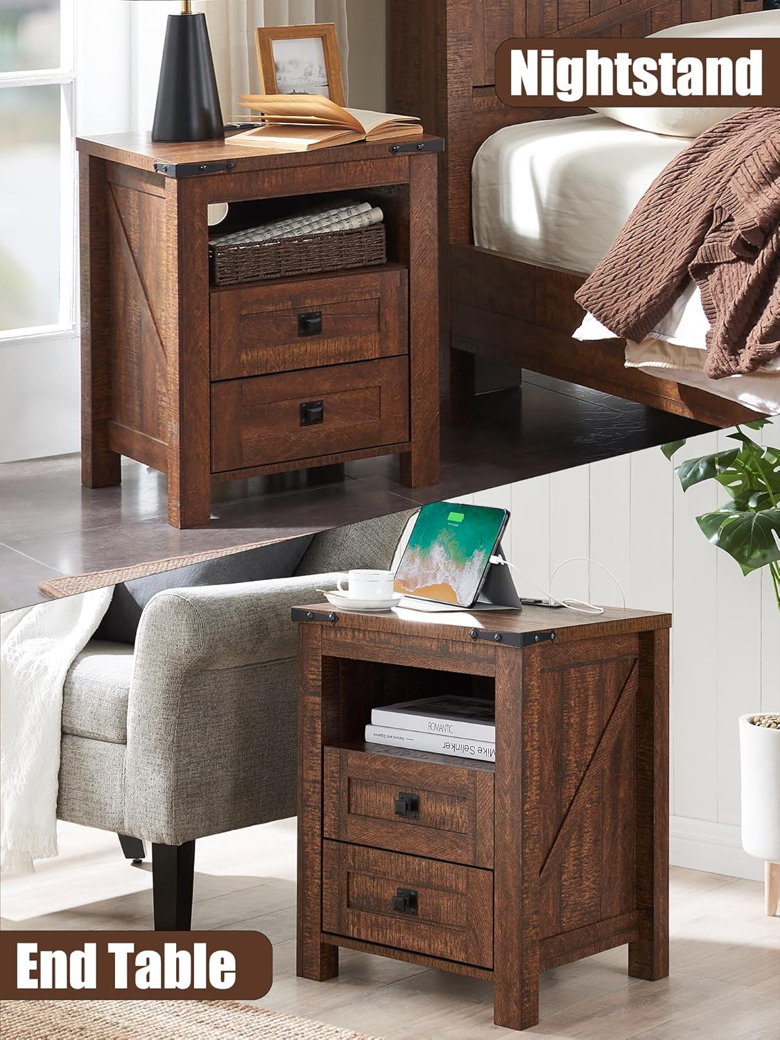 2 DRAWERS Nightstand with Charging Station - Reclaimed Barnwood Color - Image 6