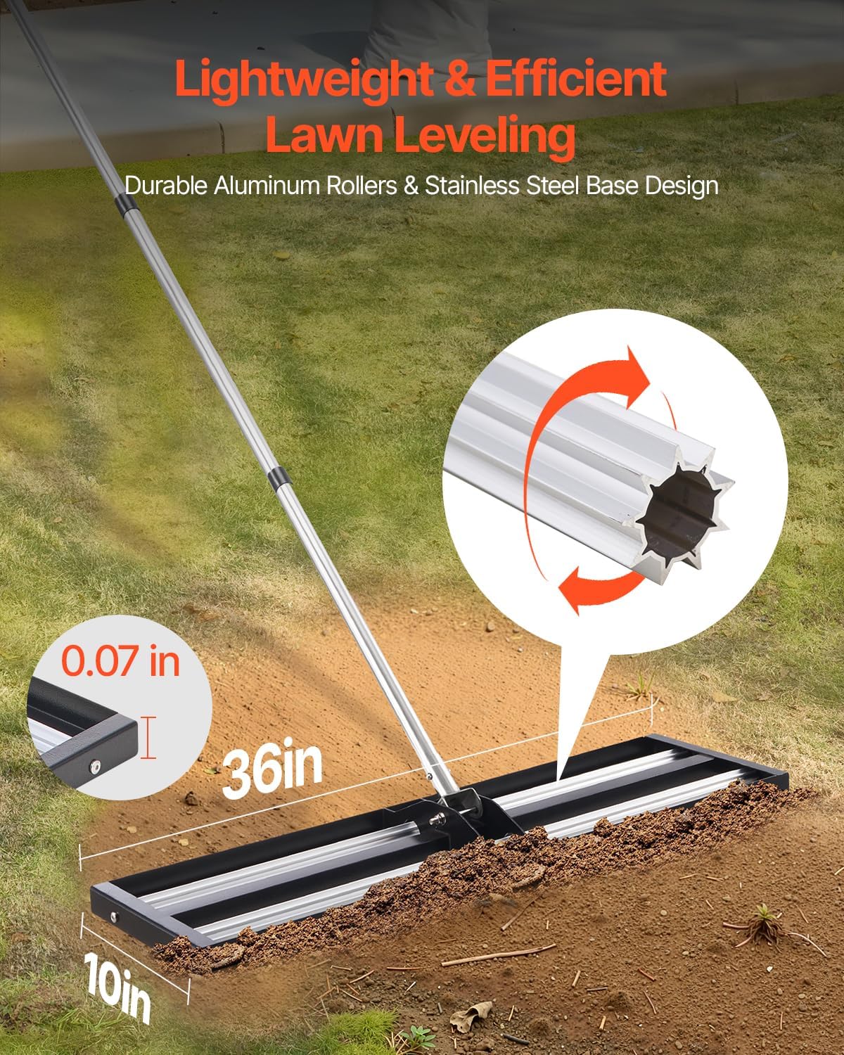 Updated Lawn Leveling Rake with Roller, 36'' x 10'' Stainless Steel Lawn Leveler - Image 1