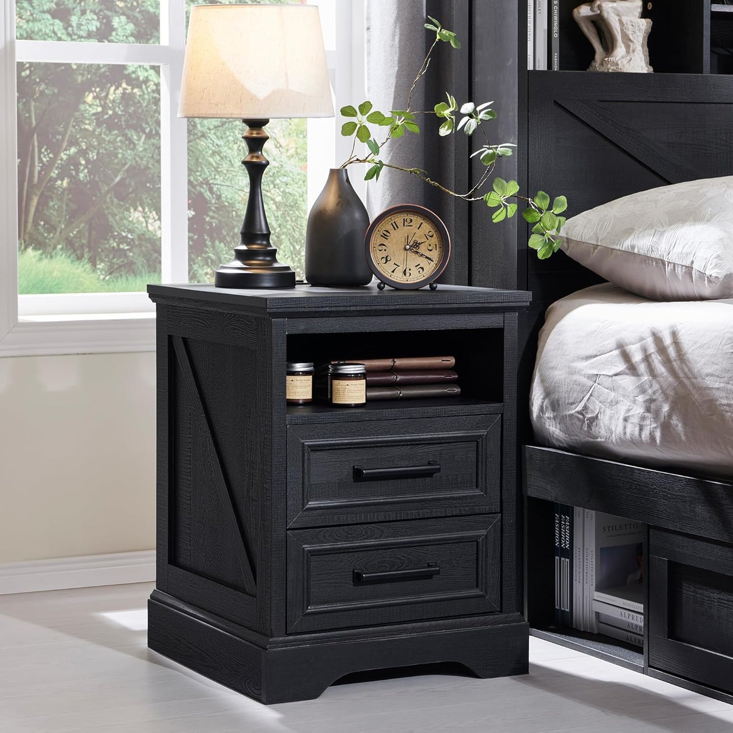 2 DRAWERS Nightstand with Charging Station - Black - Image 1