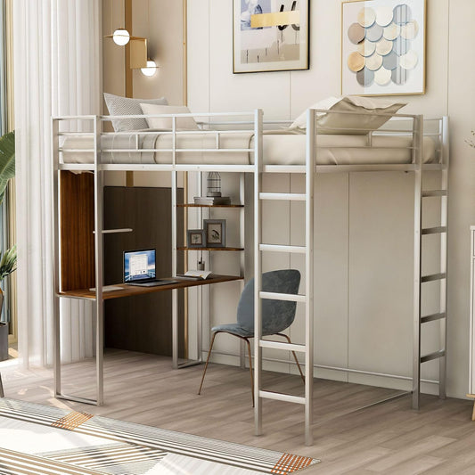 Full Loft Beds Metal Bed Frame Loft Bed with Desk and Bookcase, Full Size Loft Bed for Dorm, Boys & Girls Teens Kids - Image 1