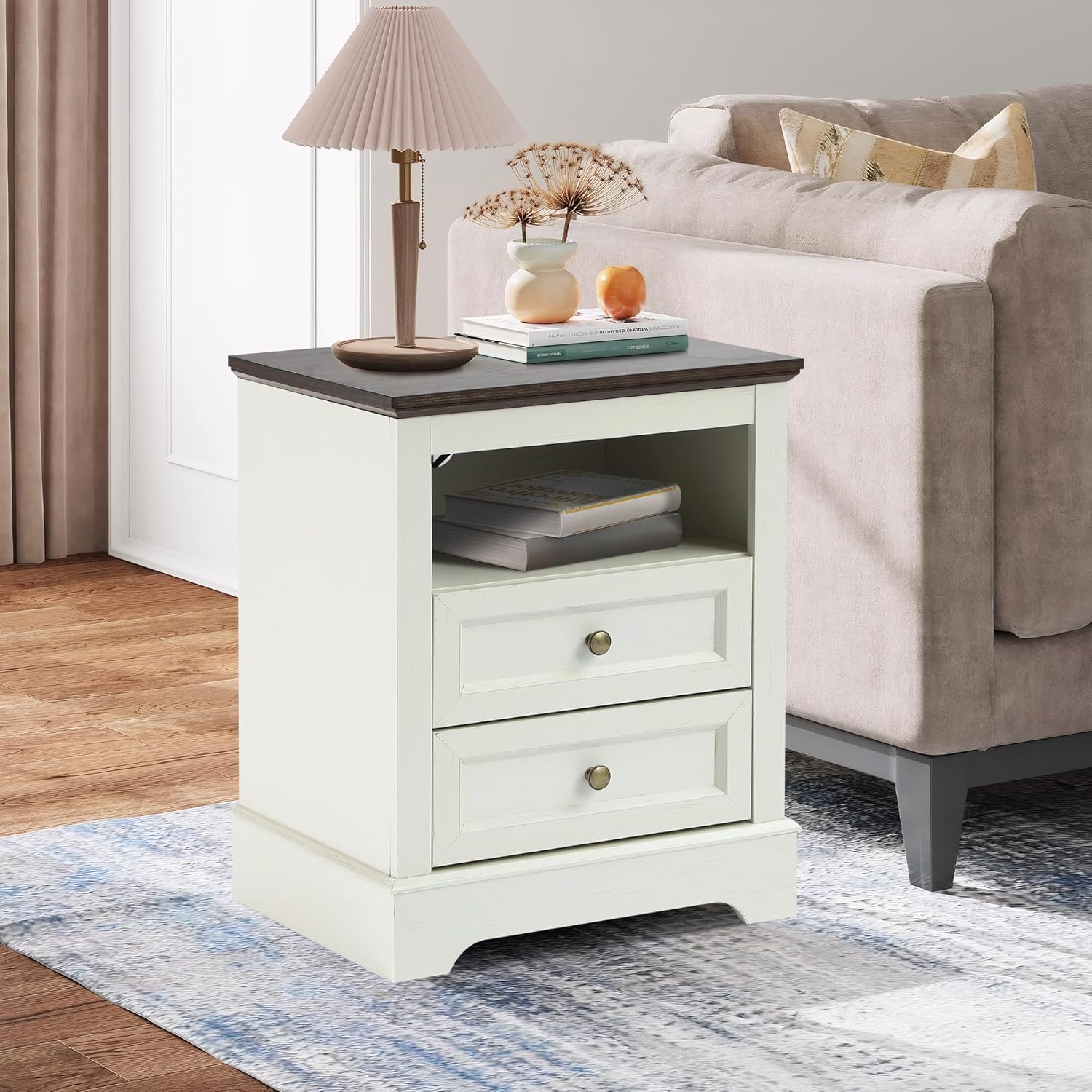Farmhouse Night Stand with 2 Drawers - Set of 1 -White - Image 2
