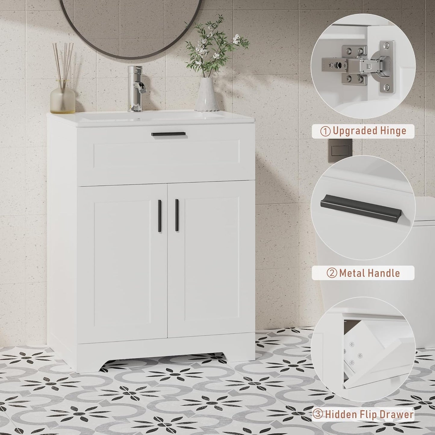 Bathroom Vanity with Ceramic Sink (24 Inch, Cabinet ONLY, White) - Image 7