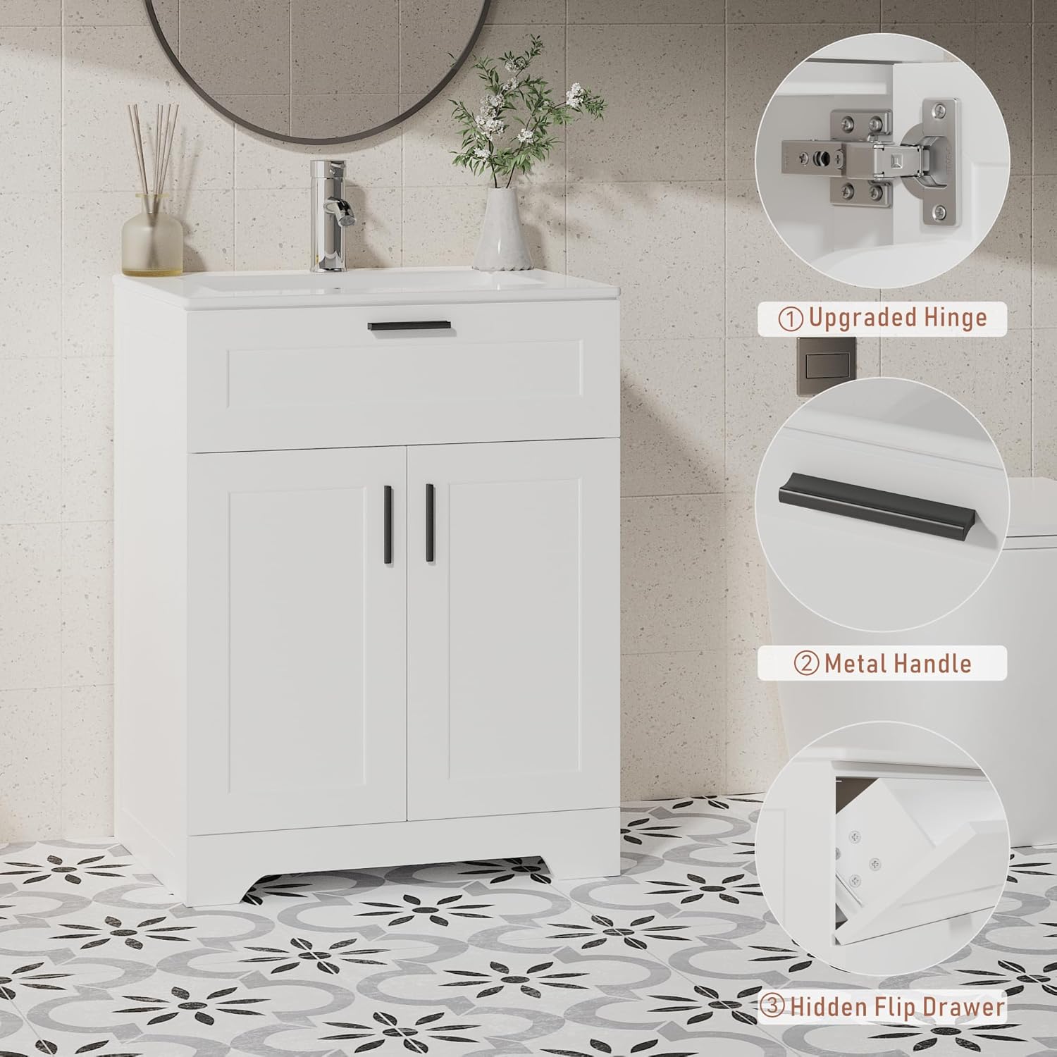 Bathroom Vanity with Ceramic Sink (24 Inch, Cabinet ONLY, White) - Image 7
