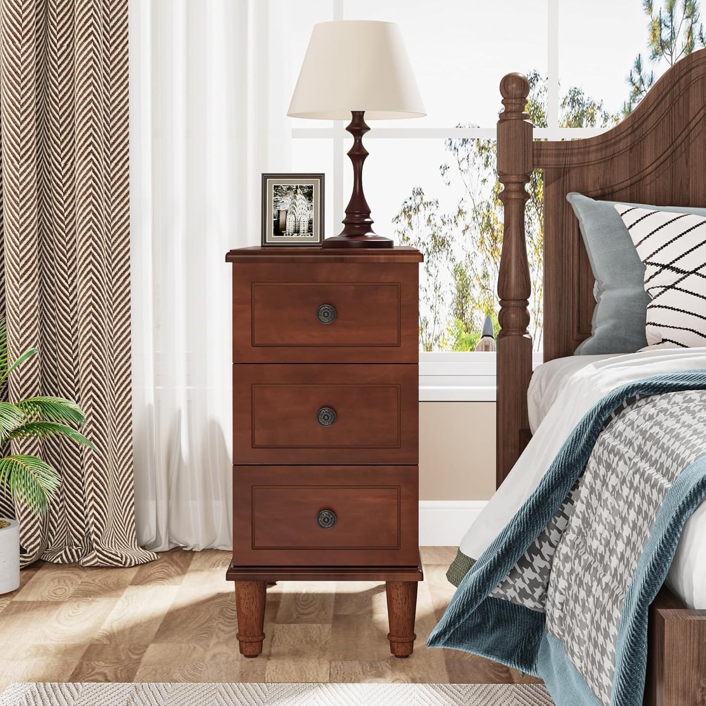 Solid Wood End Table, Fully Assembled Narrow Side Table with Drawers - Brown - Image 6