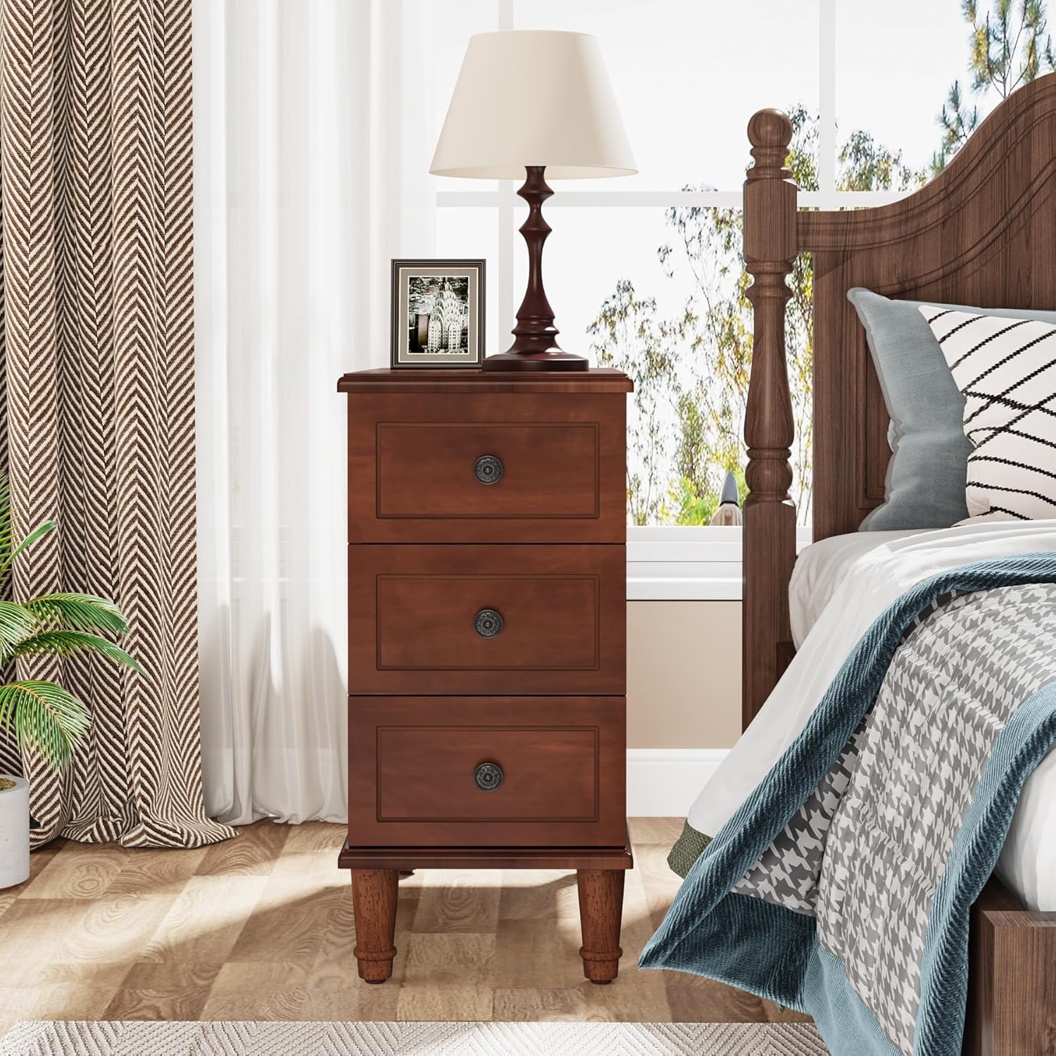 Solid Wood End Table, Fully Assembled Narrow Side Table with Drawers - Brown - Image 6