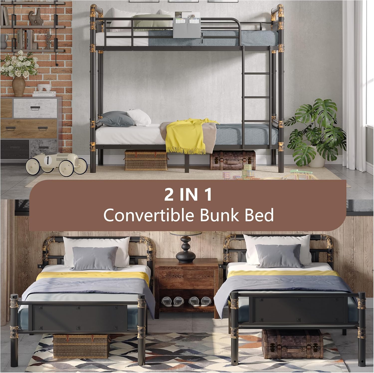 2 IN 1 Metal Bunk Bed Twin Over Twin, Convertible Twin Bunk Beds into 2 Individual Twin Size Bed for Kids Adults - Image 3