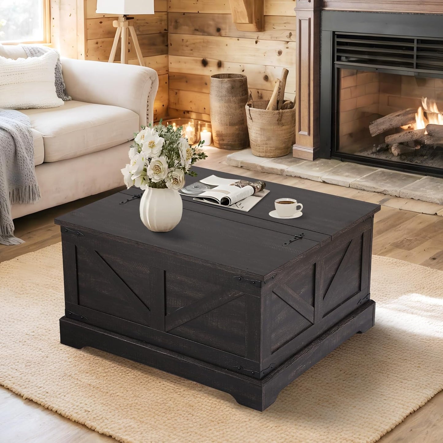  Vintage Storage Coffee Table, Lift Top Coffee Table, Square Center Table, Living Room Tables, Wood Tea Table (Retro Brown) - Image 7