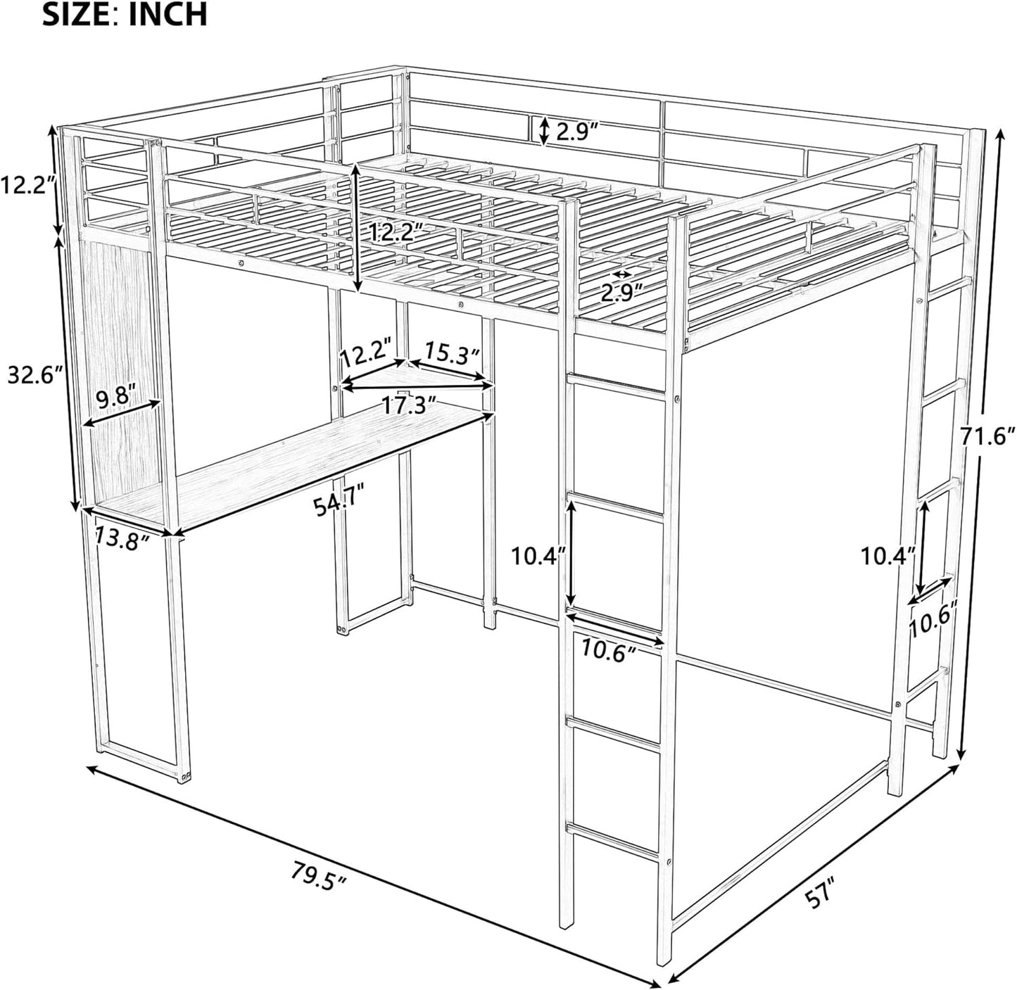 Full Loft Beds Metal Bed Frame Loft Bed with Desk and Bookcase, Full Size Loft Bed for Dorm, Boys & Girls Teens Kids - Image 2