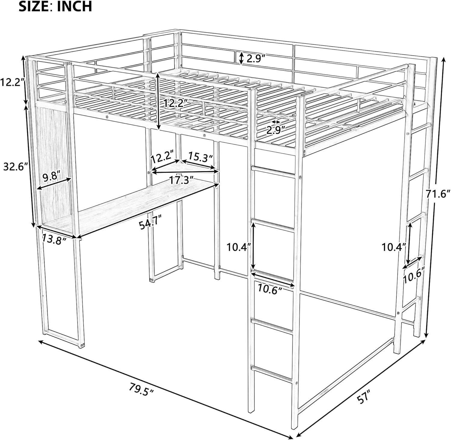 Full Loft Beds Metal Bed Frame Loft Bed with Desk and Bookcase, Full Size Loft Bed for Dorm, Boys & Girls Teens Kids - Image 2