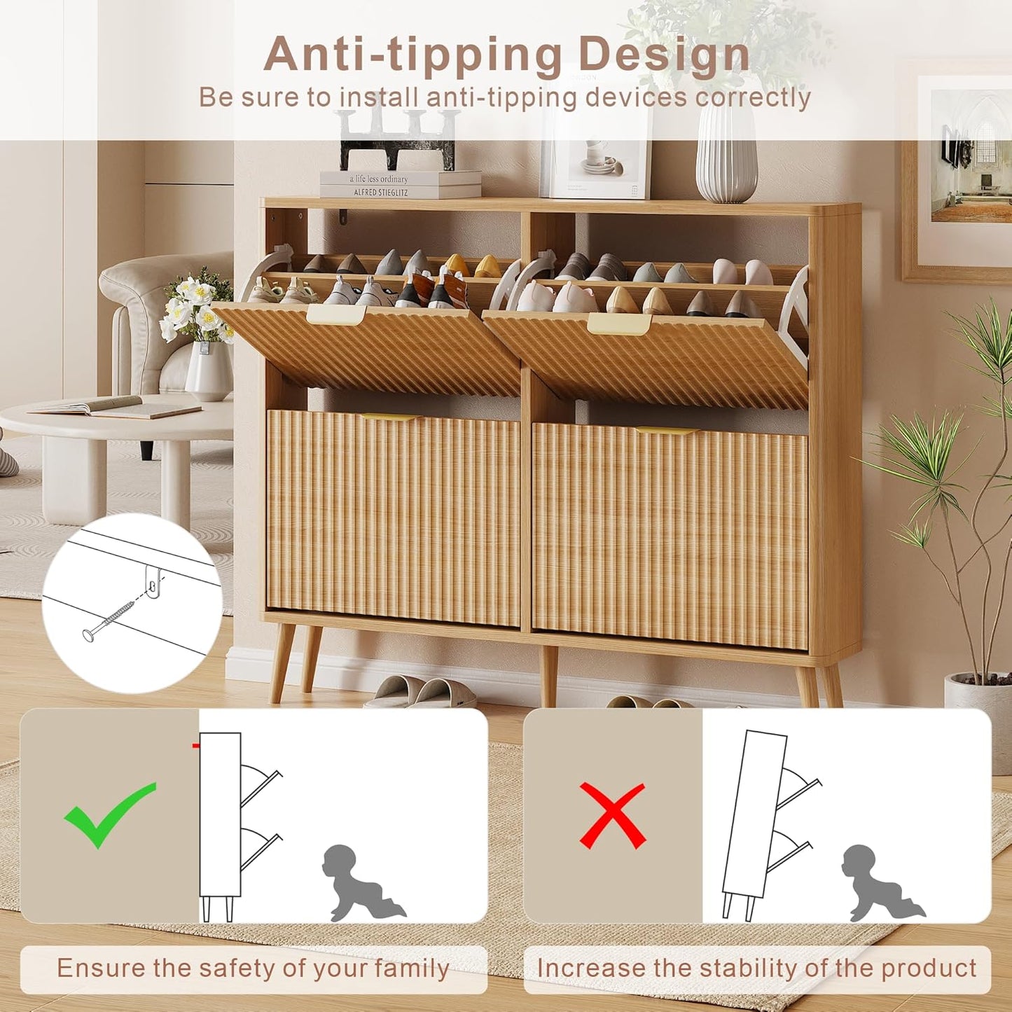 Narrow Shoe Storage Cabinet, Freestanding Shoe Cabinet Organizer for Entryway, Hallway (Oak, 4 Flip) - Image 8