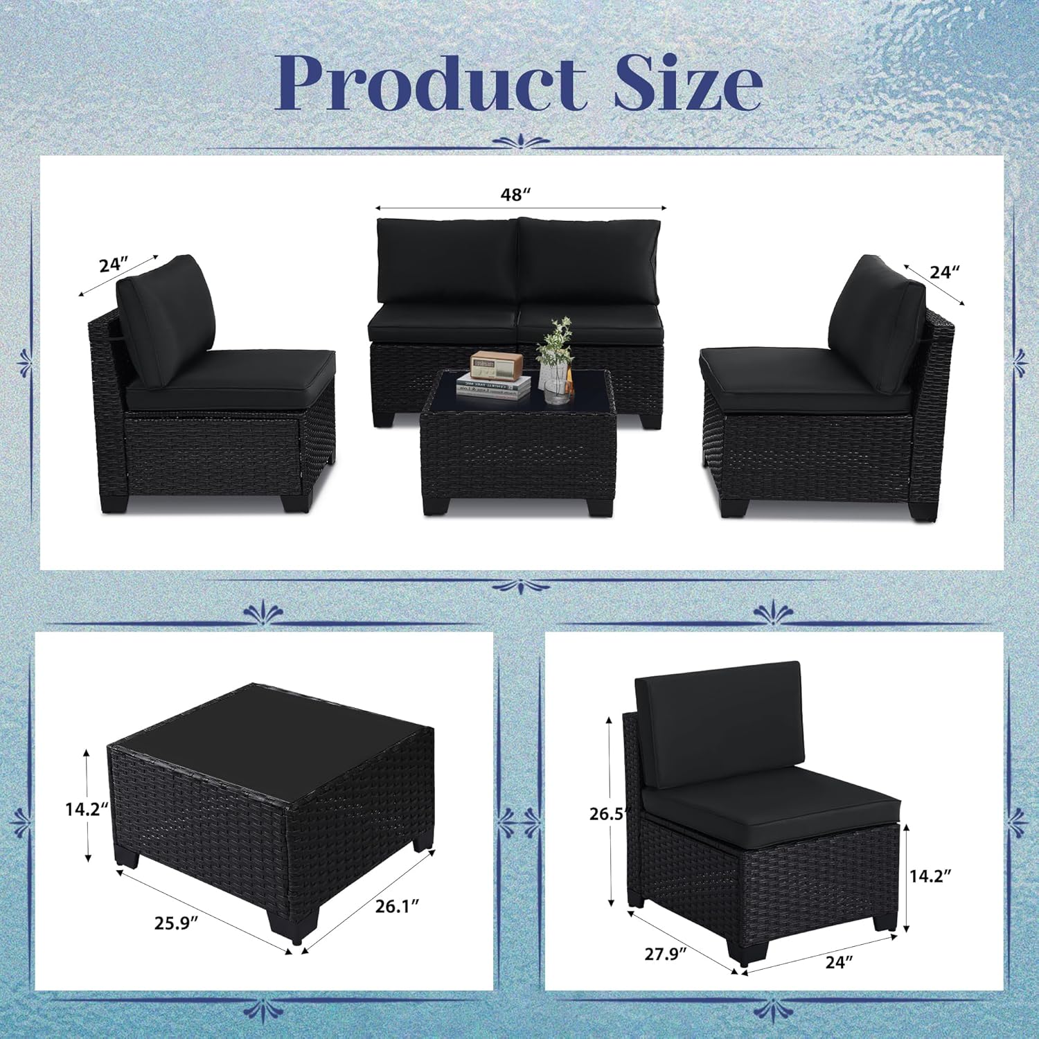 5 Piece Patio Furniture Set, Outdoor Patio Furniture Sets, Patio Conversation Set with Coffee Table, Cushions, All-Weather PE Rattan Sofa Set - Image 6