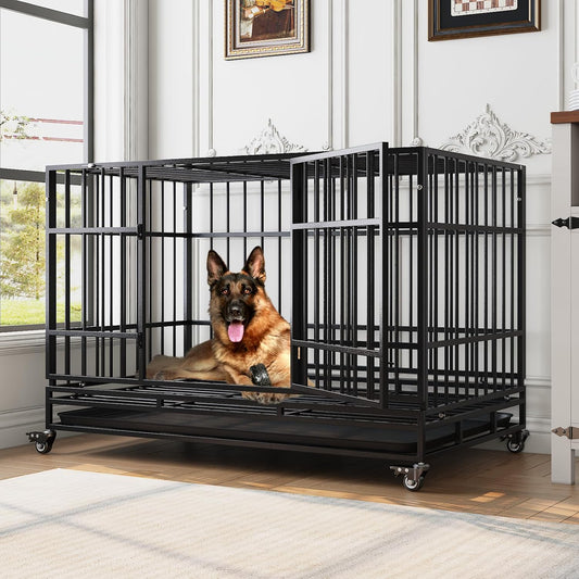 48 Inch Heavy Duty Dog Crates, Escape Proof Dog Cage Large Dogs with Wheels - Image 1