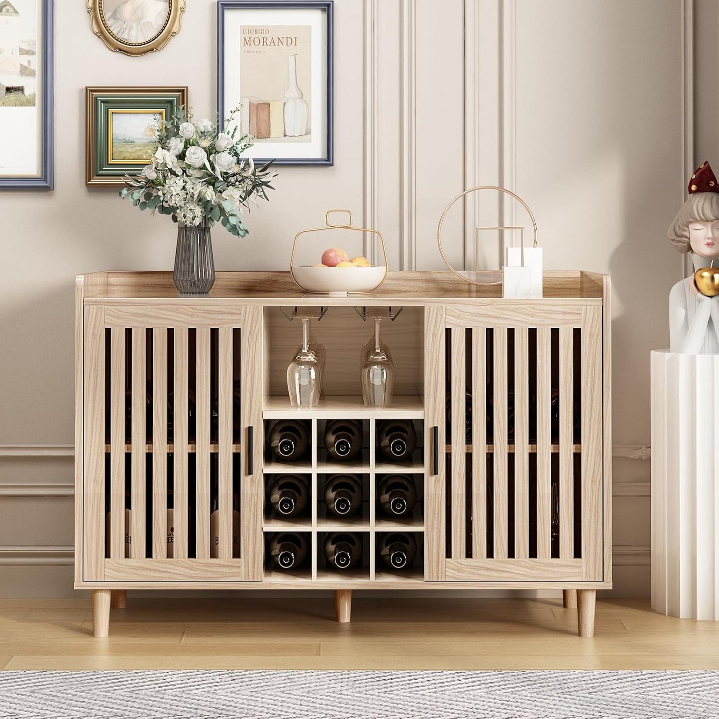  47“ Wine Bar Cabinet Farmhouse Kitchen Buffet Sideboard with Storage Shelf - Image 5