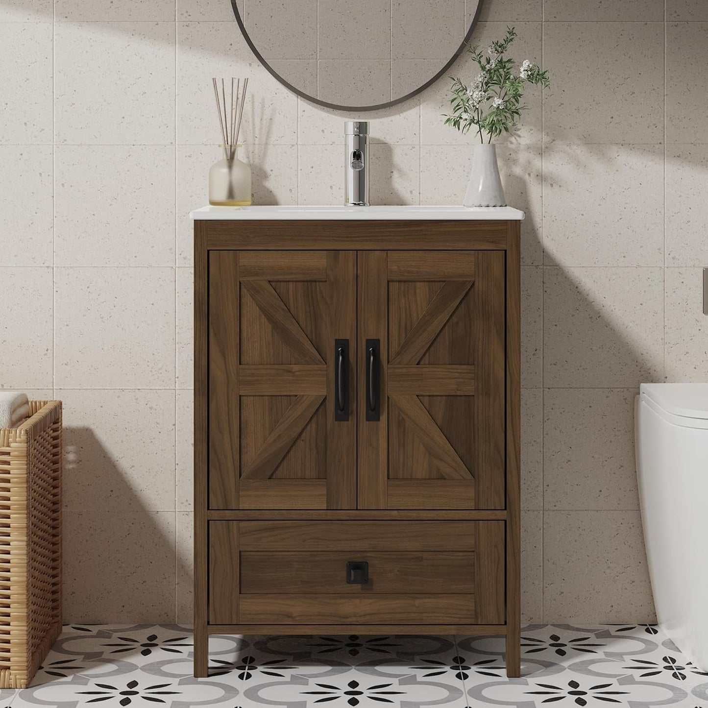 Bathroom Vanity with Ceramic Sink (24 Inch, Cabinet ONLY, Brown) - Image 9