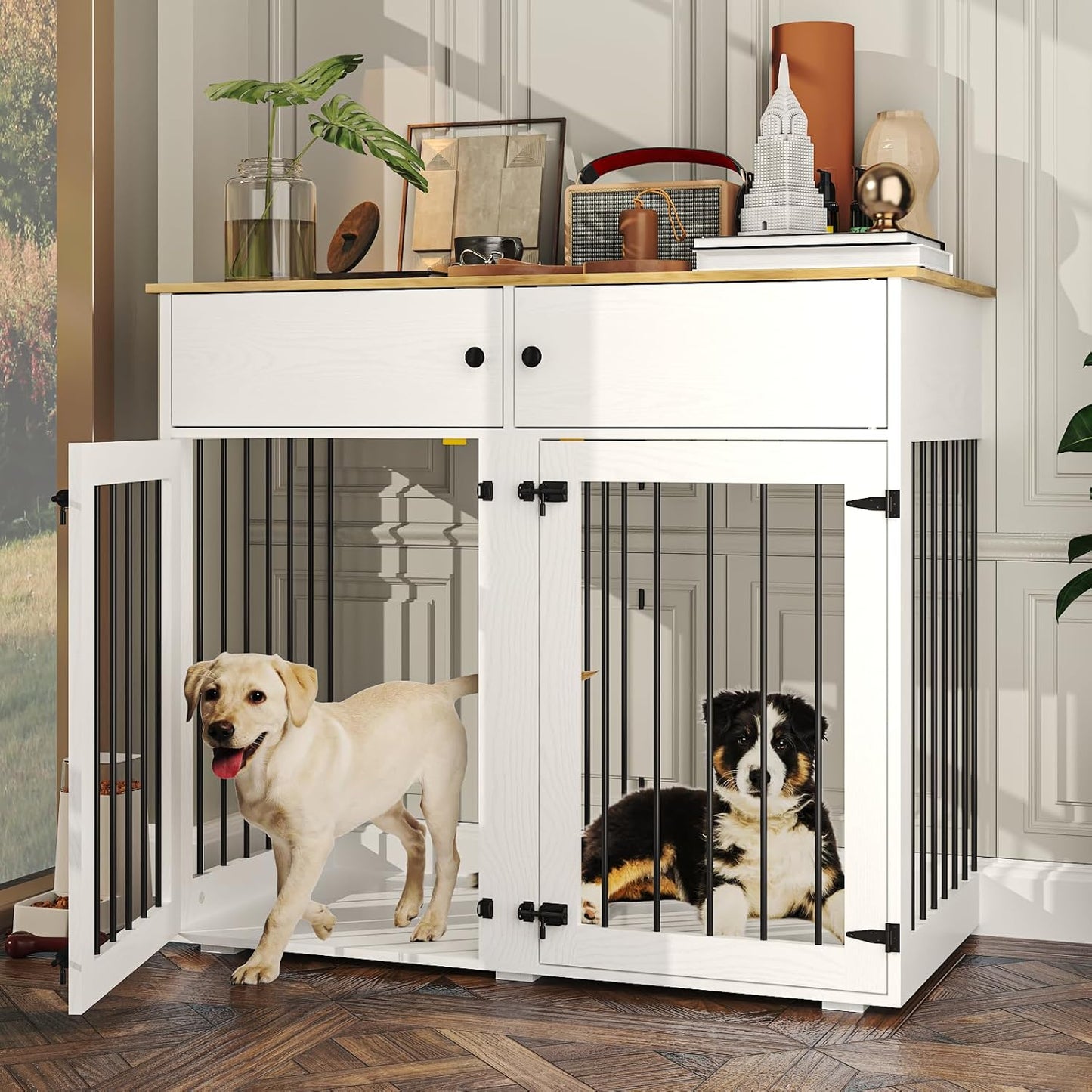 Dog Crate Furniture for 2 Dogs, 41 Inch Double Dog Cage with Removable Divider - Image 1