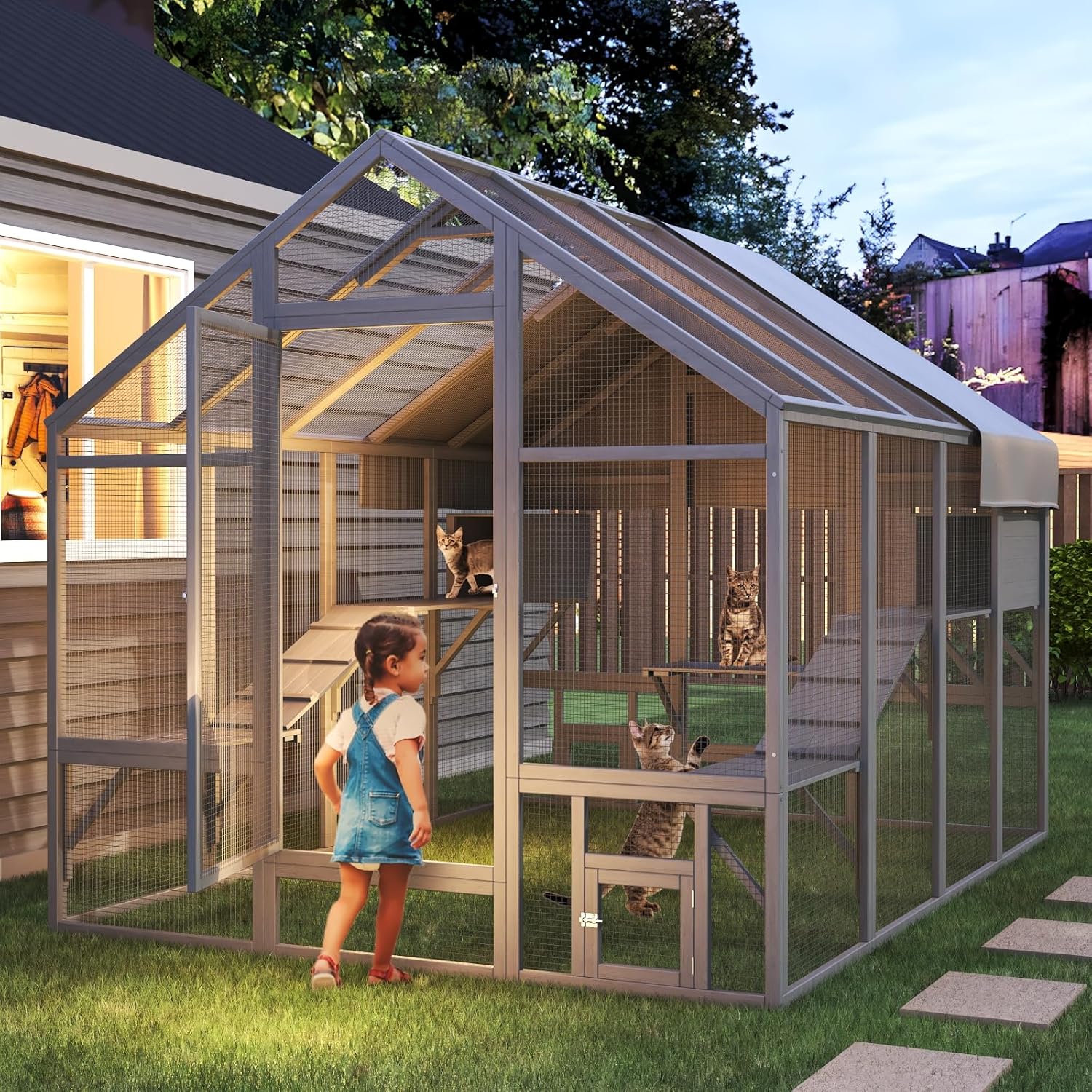 Large Cat Catio, Catio Outdoor Cat Enclosure for Multiple Cats with 7 Platforms, 2 Resting Box and 2 Bridges, Wooden Feral Cat Shelter with Waterproof and UV Proof Canopy - Image 8