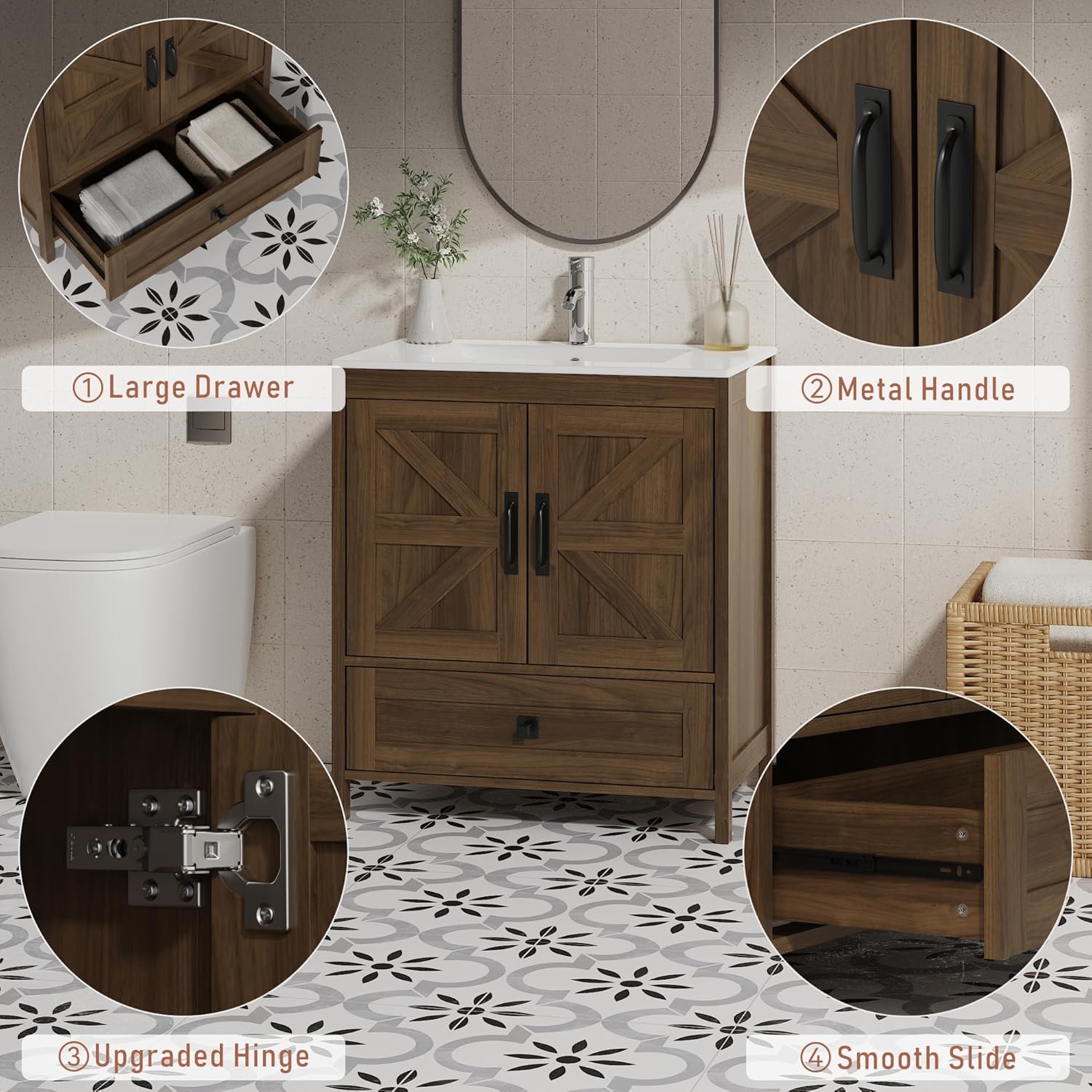 Bathroom Vanity with Ceramic Sink (30 Inch, Cabinet ONLY, Brown) - Image 6