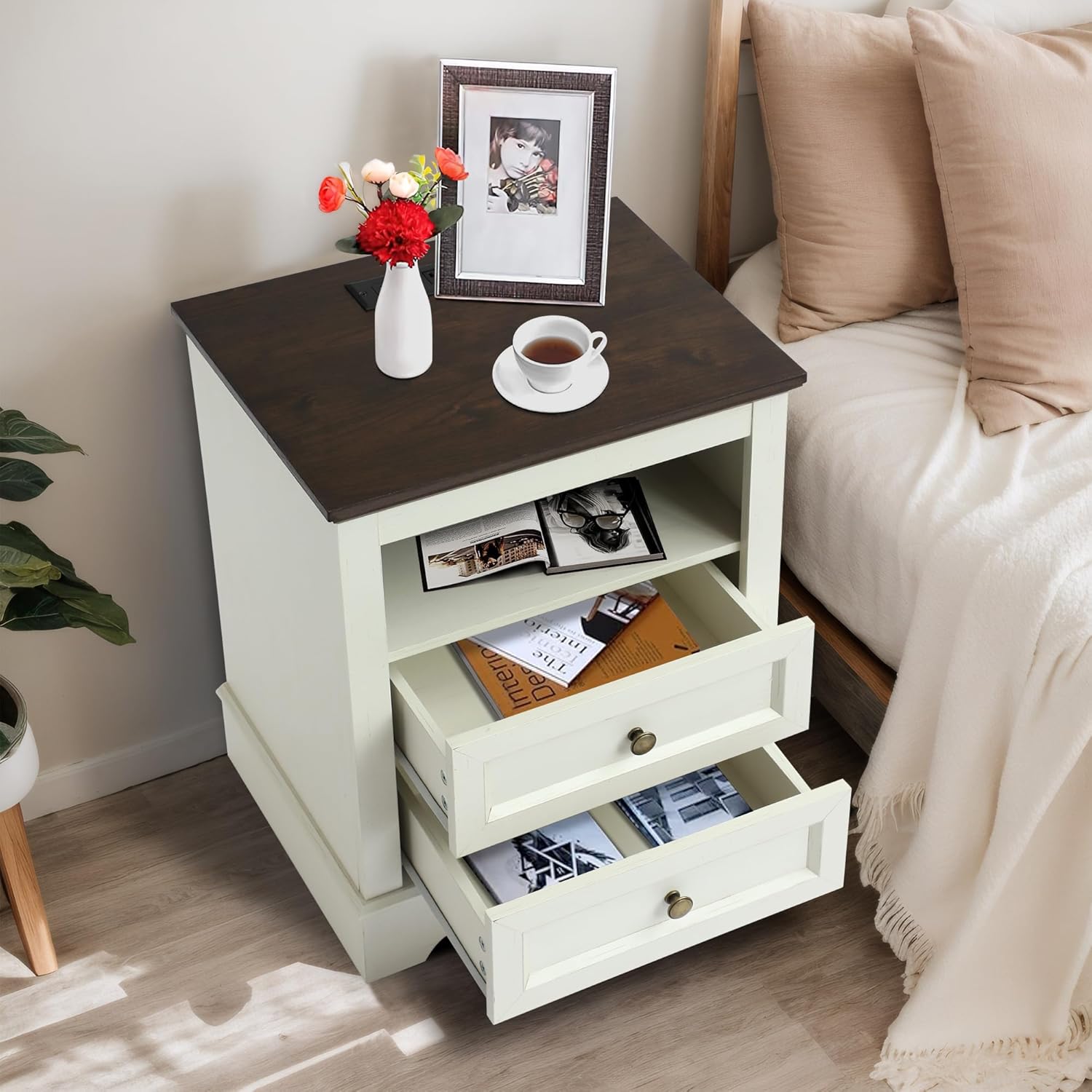 Farmhouse Night Stand with 2 Drawers - Set of 1 -White - Image 7