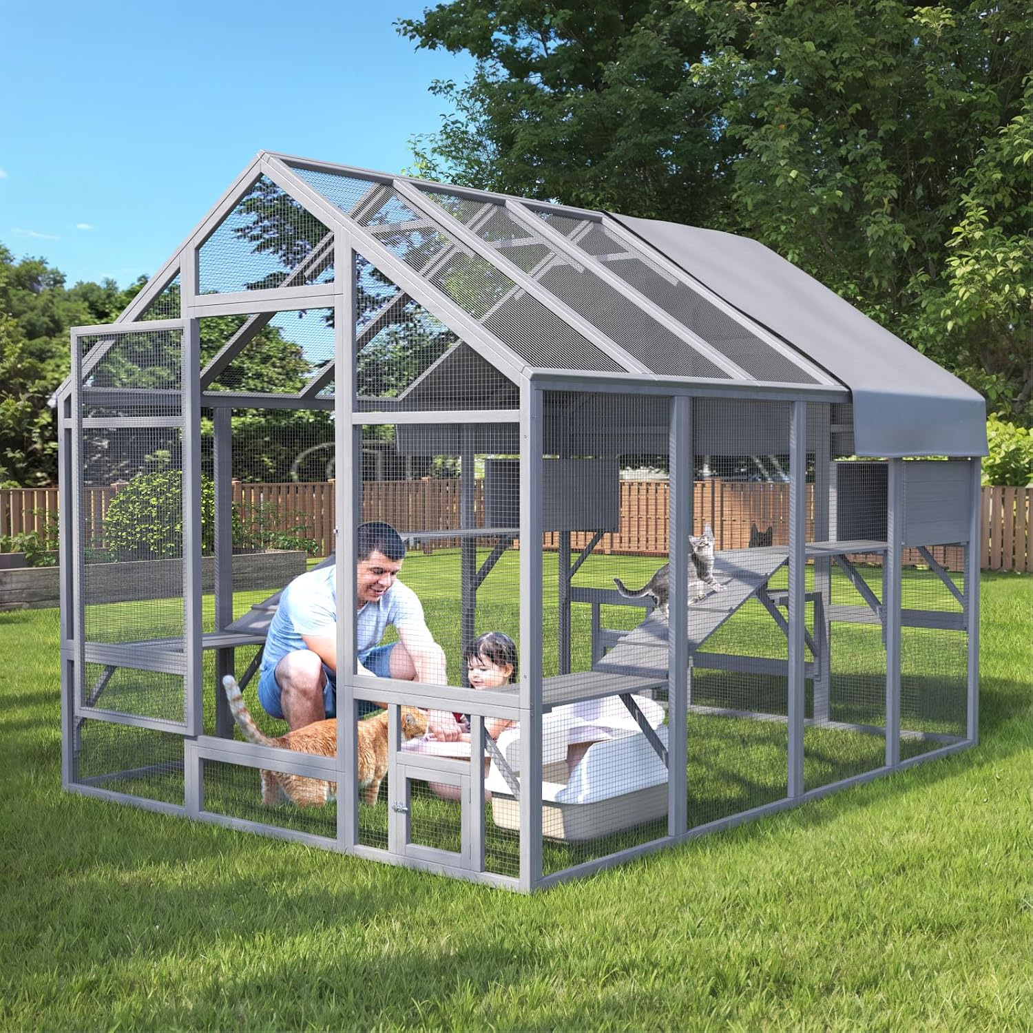 Large Cat Catio, Catio Outdoor Cat Enclosure for Multiple Cats with 7 Platforms, 2 Resting Box and 2 Bridges, Wooden Feral Cat Shelter with Waterproof and UV Proof Canopy - Image 7