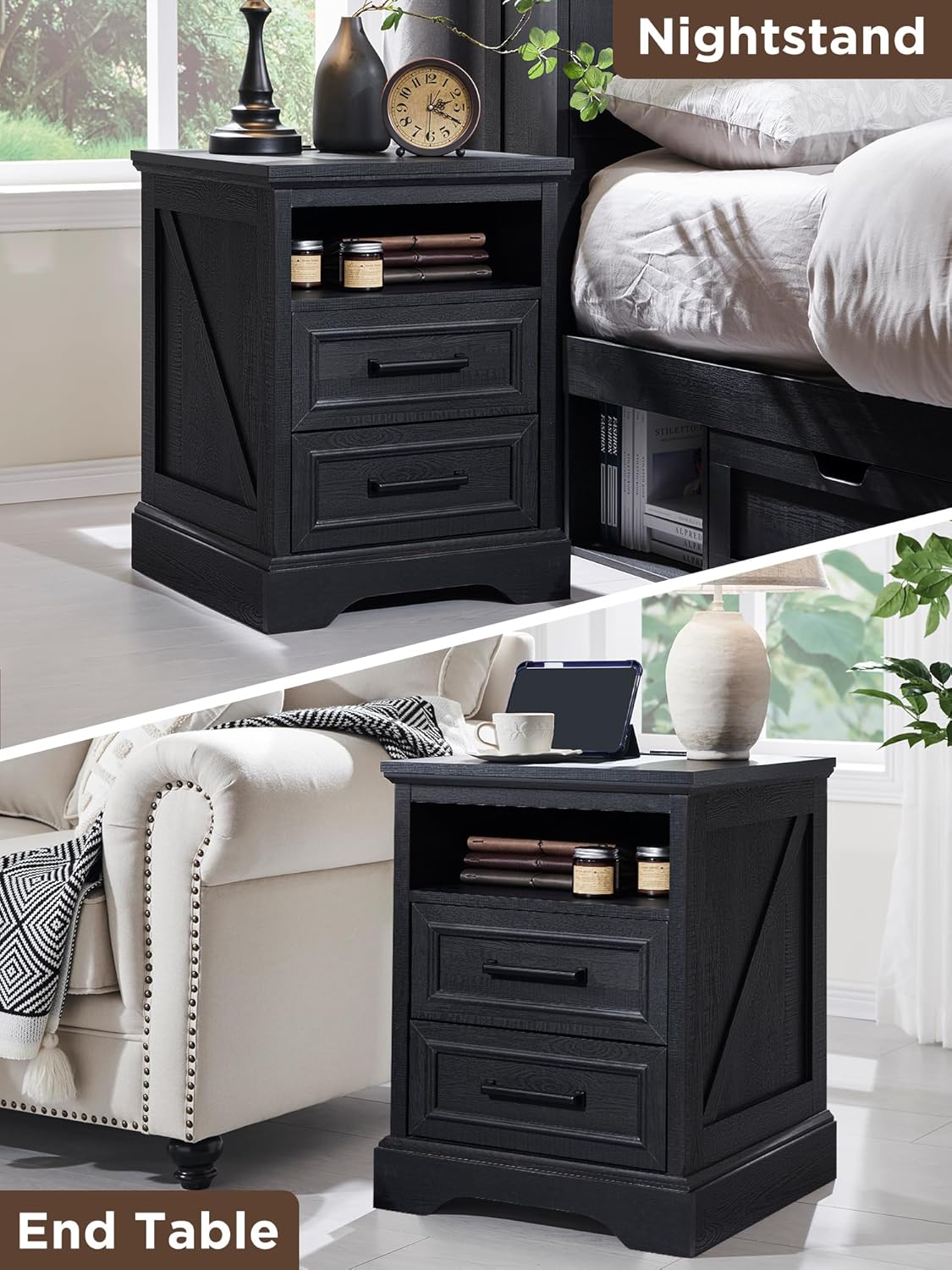 2 DRAWERS Nightstand with Charging Station - Black - Image 7