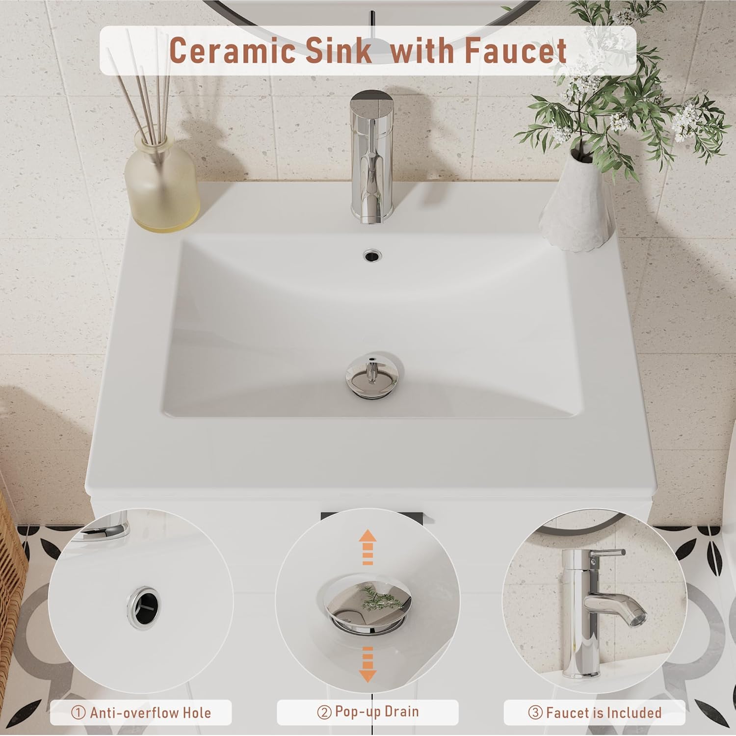 Bathroom Vanity with Ceramic Sink (24 Inch, Cabinet ONLY, White) - Image 6