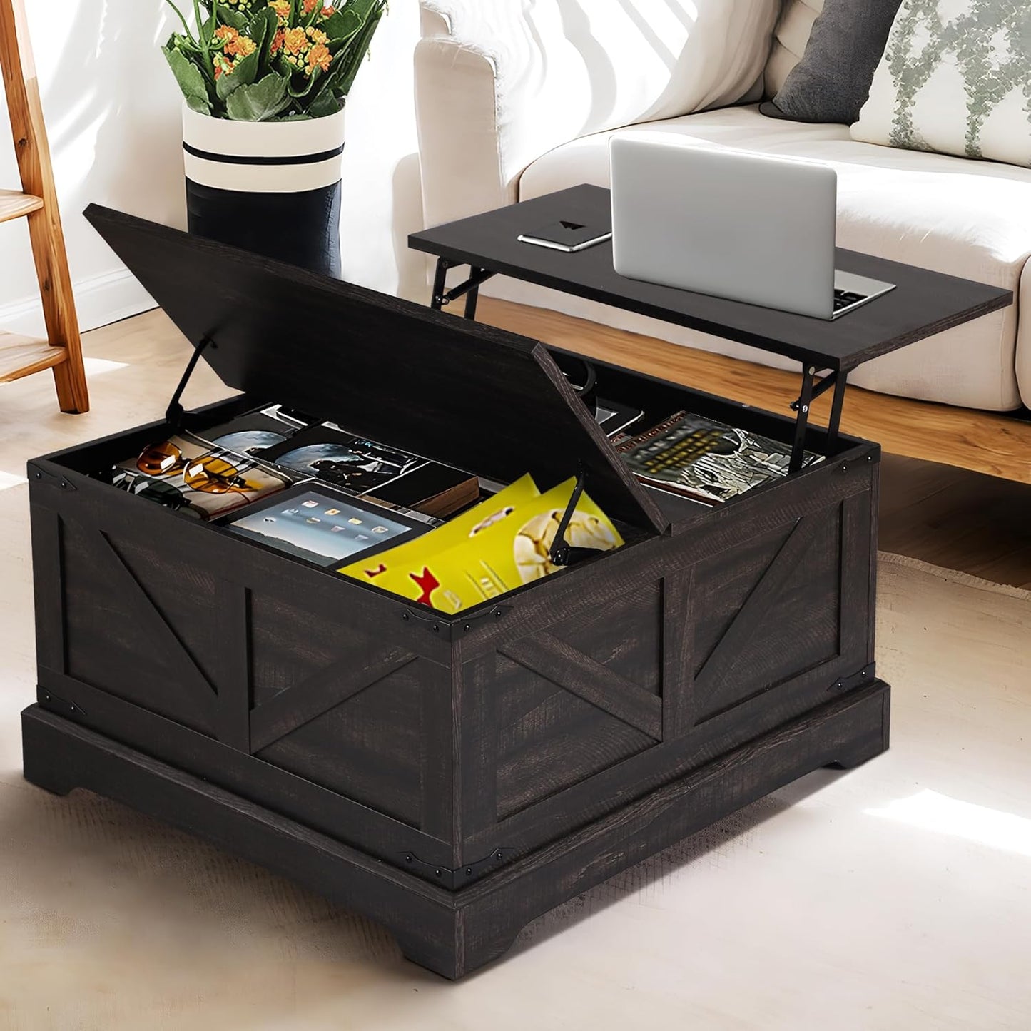  Vintage Storage Coffee Table, Lift Top Coffee Table, Square Center Table, Living Room Tables, Wood Tea Table (Retro Brown) - Image 3