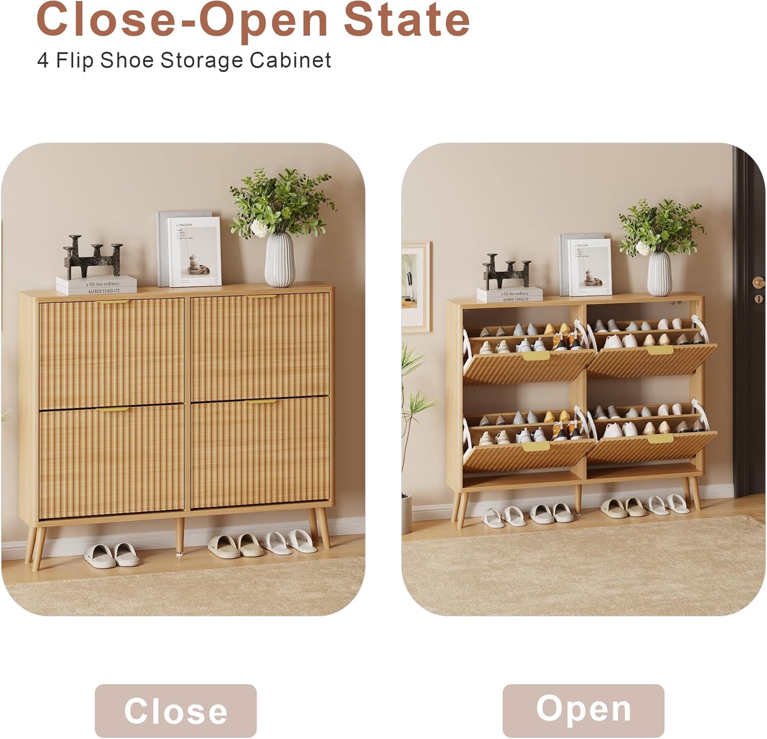 Narrow Shoe Storage Cabinet, Freestanding Shoe Cabinet Organizer for Entryway, Hallway (Oak, 4 Flip) - Image 7