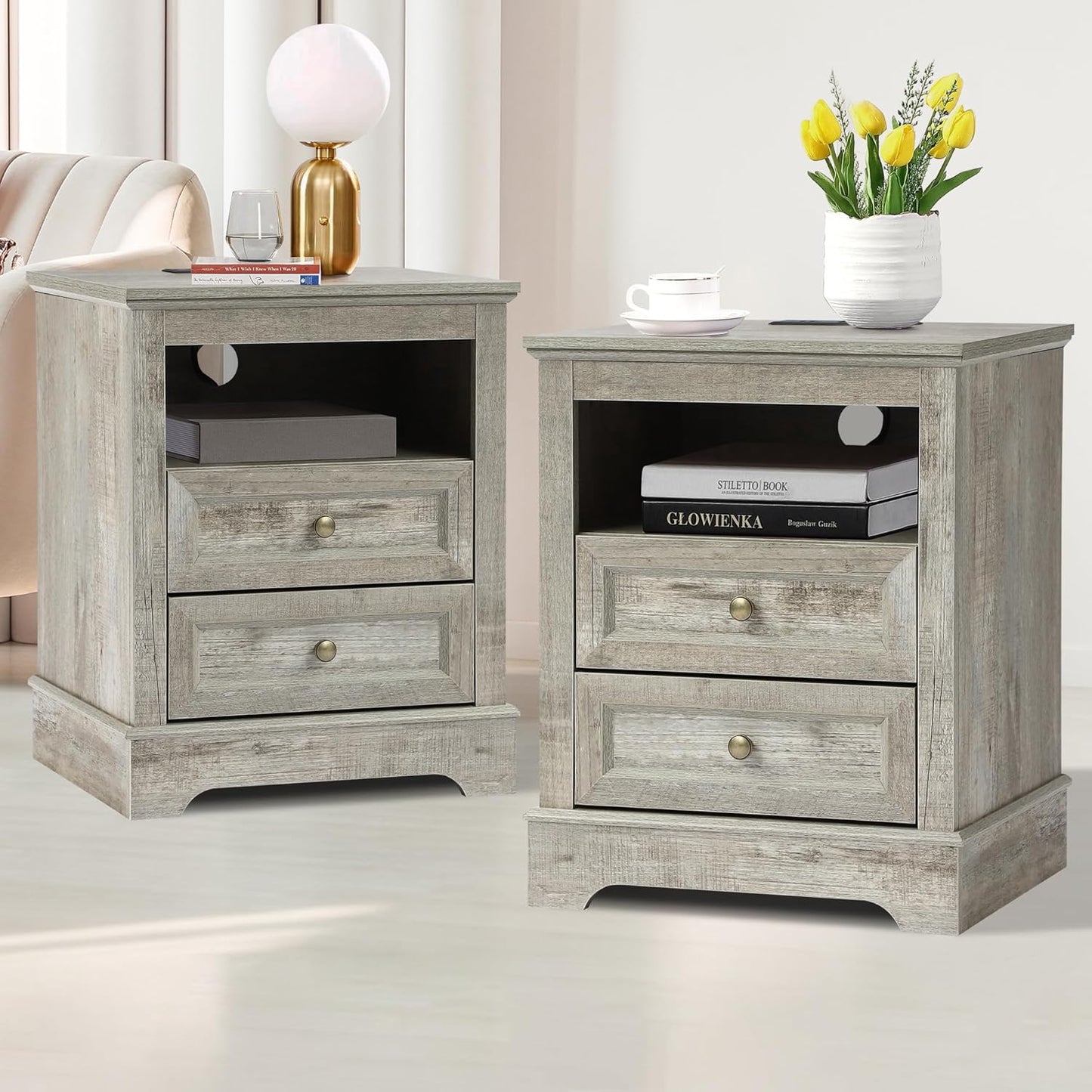 Farmhouse Night Stand with 2 Drawers with Charge - Set of 2 -Grey - Image 1