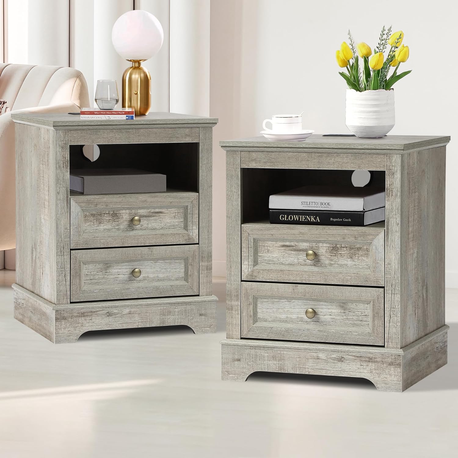 Farmhouse Night Stand with 2 Drawers with Charge - Set of 2 -Grey - Image 1