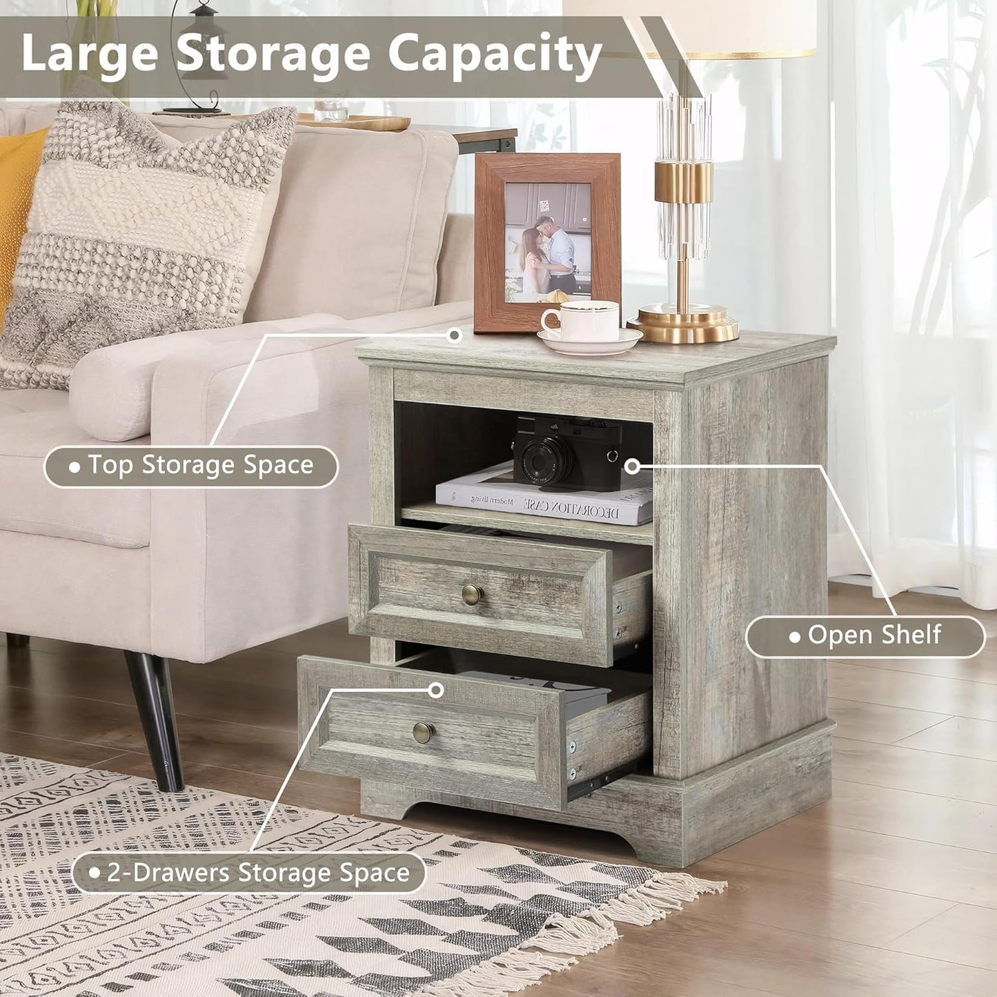 Farmhouse Night Stand with 2 Drawers with Charge - Set of 2 -Grey - Image 5