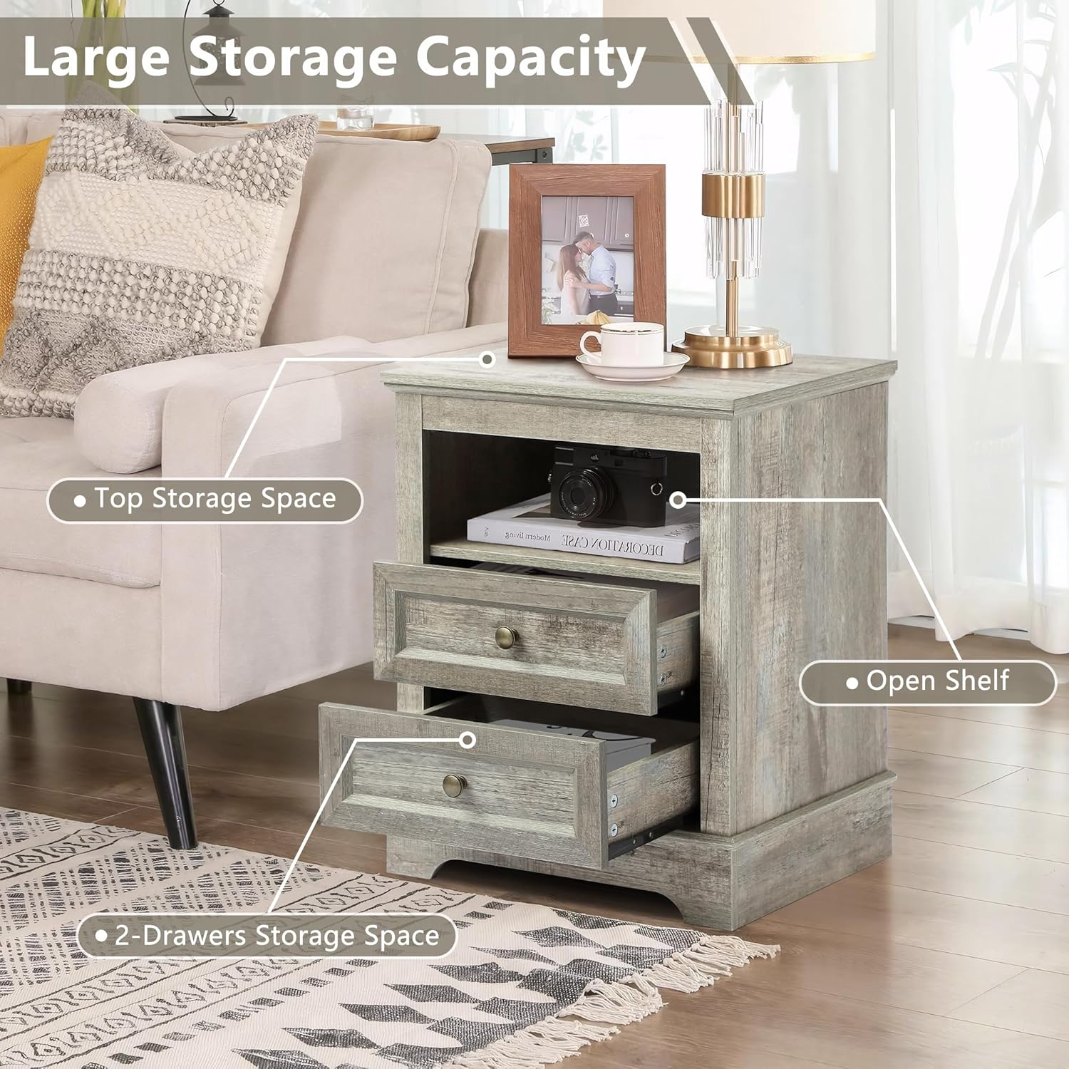 Farmhouse Night Stand with 2 Drawers with Charge - Set of 2 -Grey - Image 5