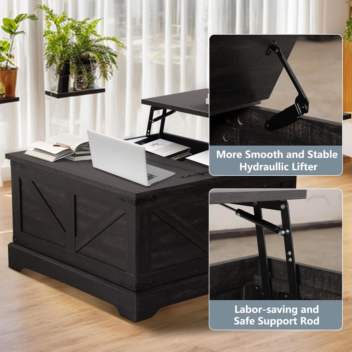  Vintage Storage Coffee Table, Lift Top Coffee Table, Square Center Table, Living Room Tables, Wood Tea Table (Retro Brown) - Image 5