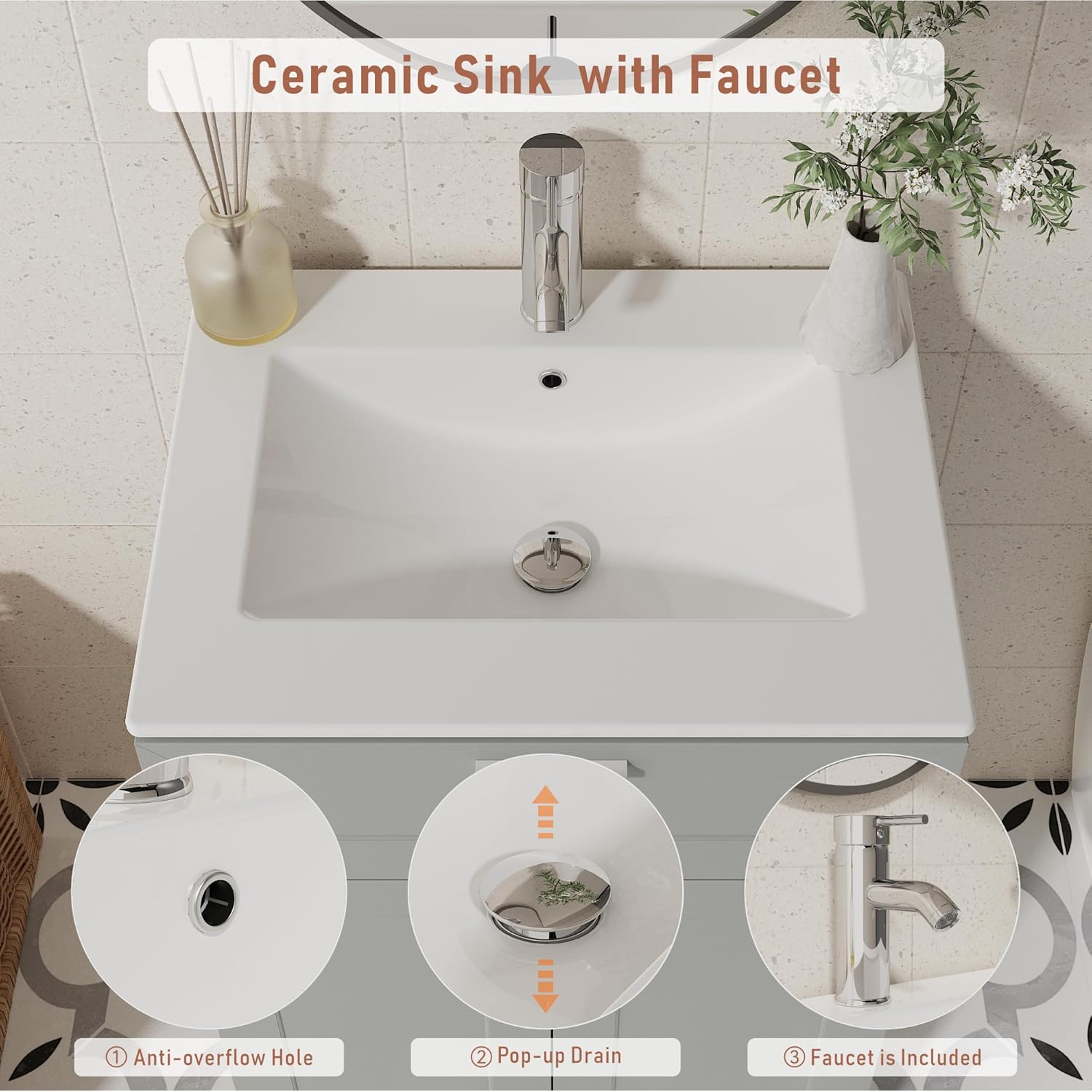 Bathroom Vanity with Ceramic Sink (24 Inch, Cabinet ONLY, Grey) - Image 6