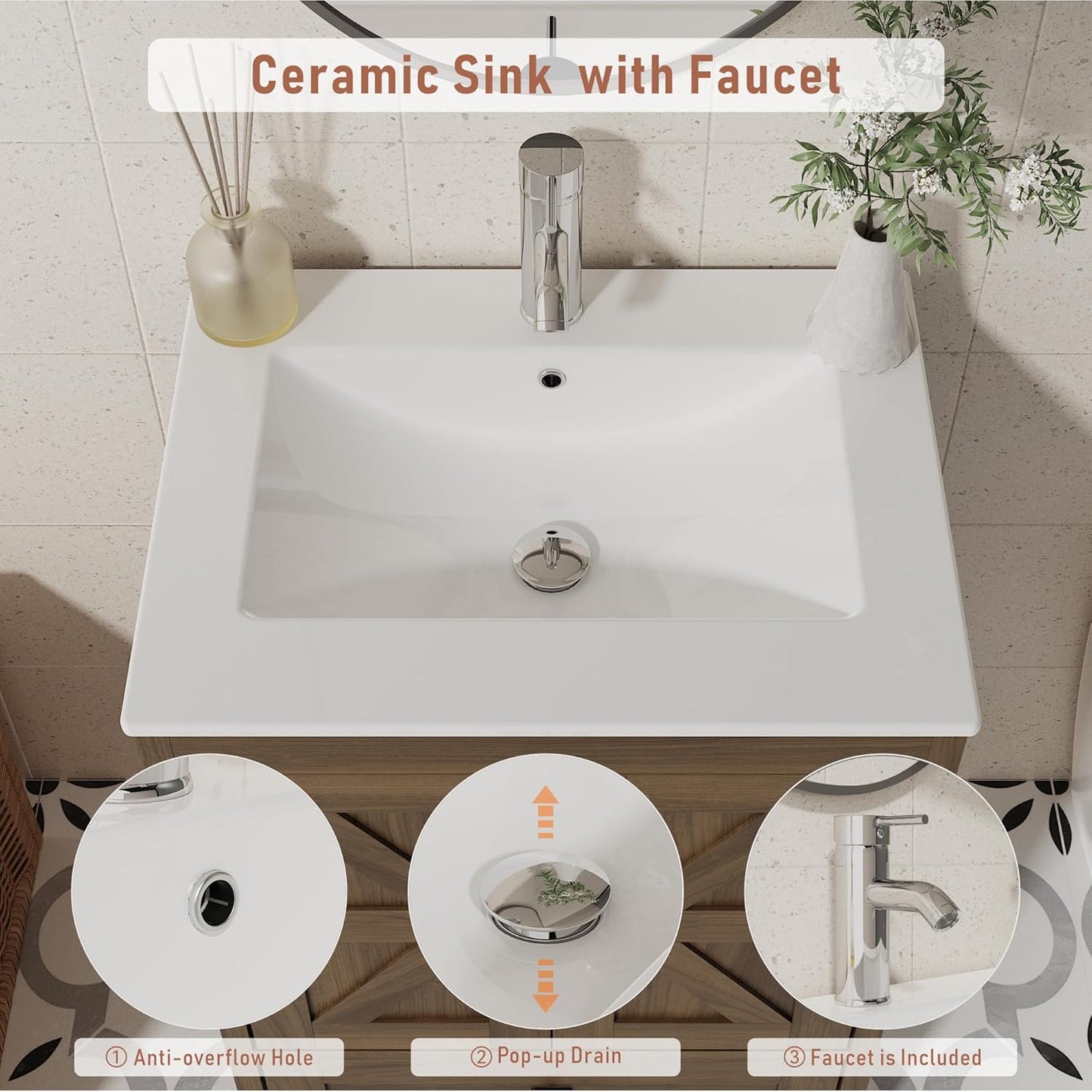 Bathroom Vanity with Ceramic Sink (24 Inch, Cabinet ONLY, Brown) - Image 5