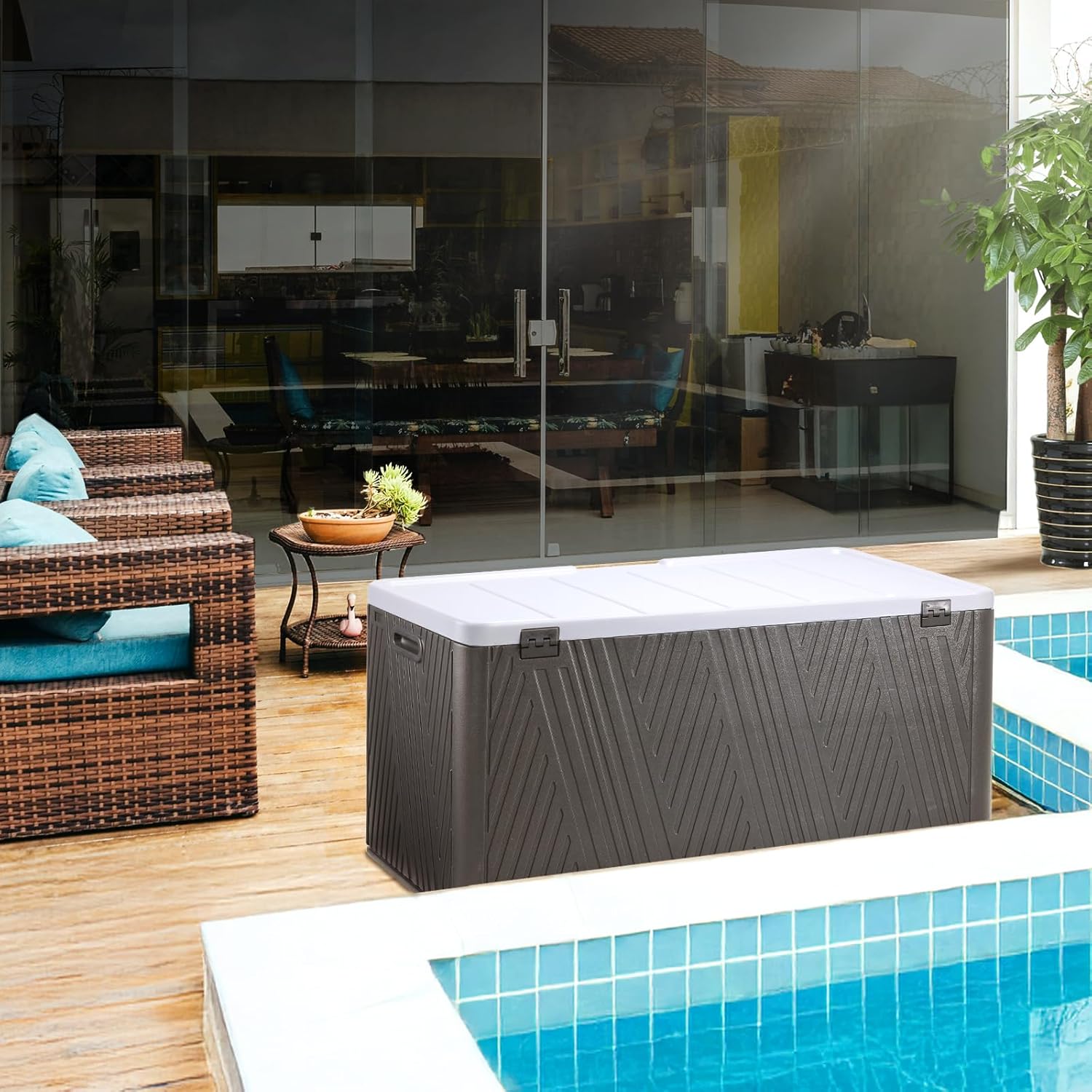 85 Gallon Deck Box, Outdoor Storage Box, Waterproof & Weather-Resistant Lockable, Patio Bench Storage Box for Cushion, Garden Tools - Image 2