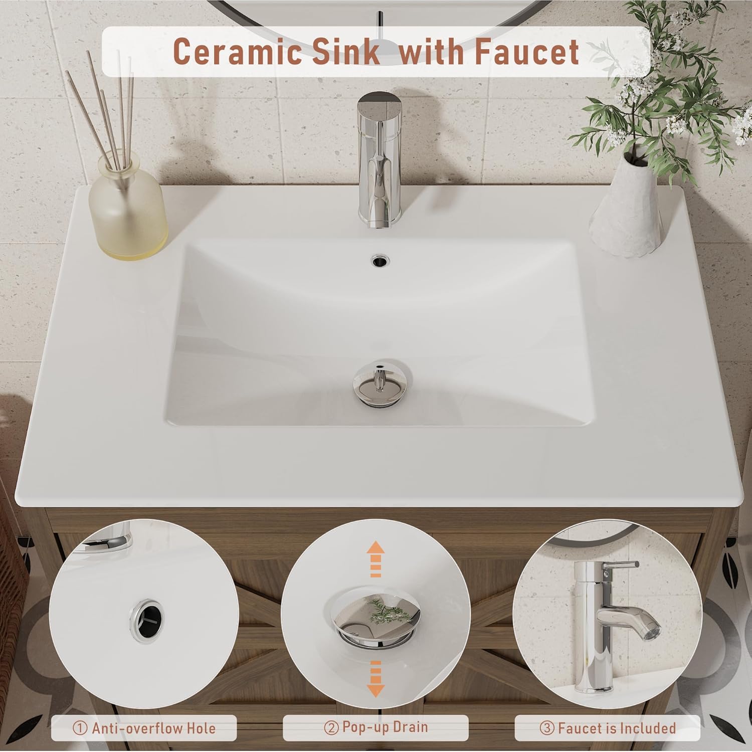 Bathroom Vanity with Ceramic Sink (30 Inch, Cabinet ONLY, Brown) - Image 5