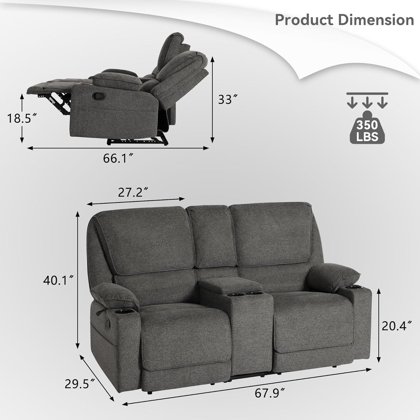 67.9" RV Loveseat Recliner Double Recliner RV Sofa - Image 3