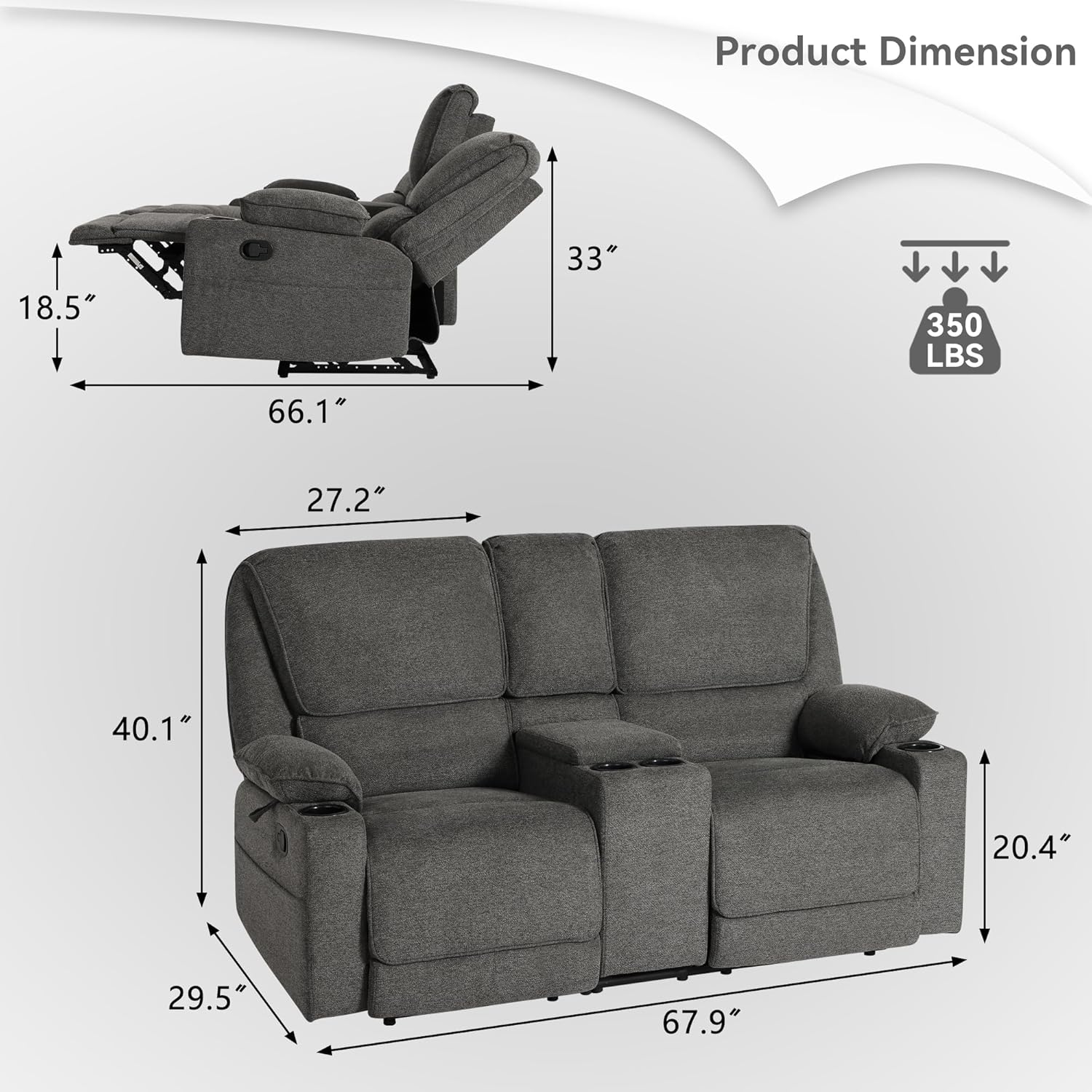 67.9" RV Loveseat Recliner Double Recliner RV Sofa - Image 3
