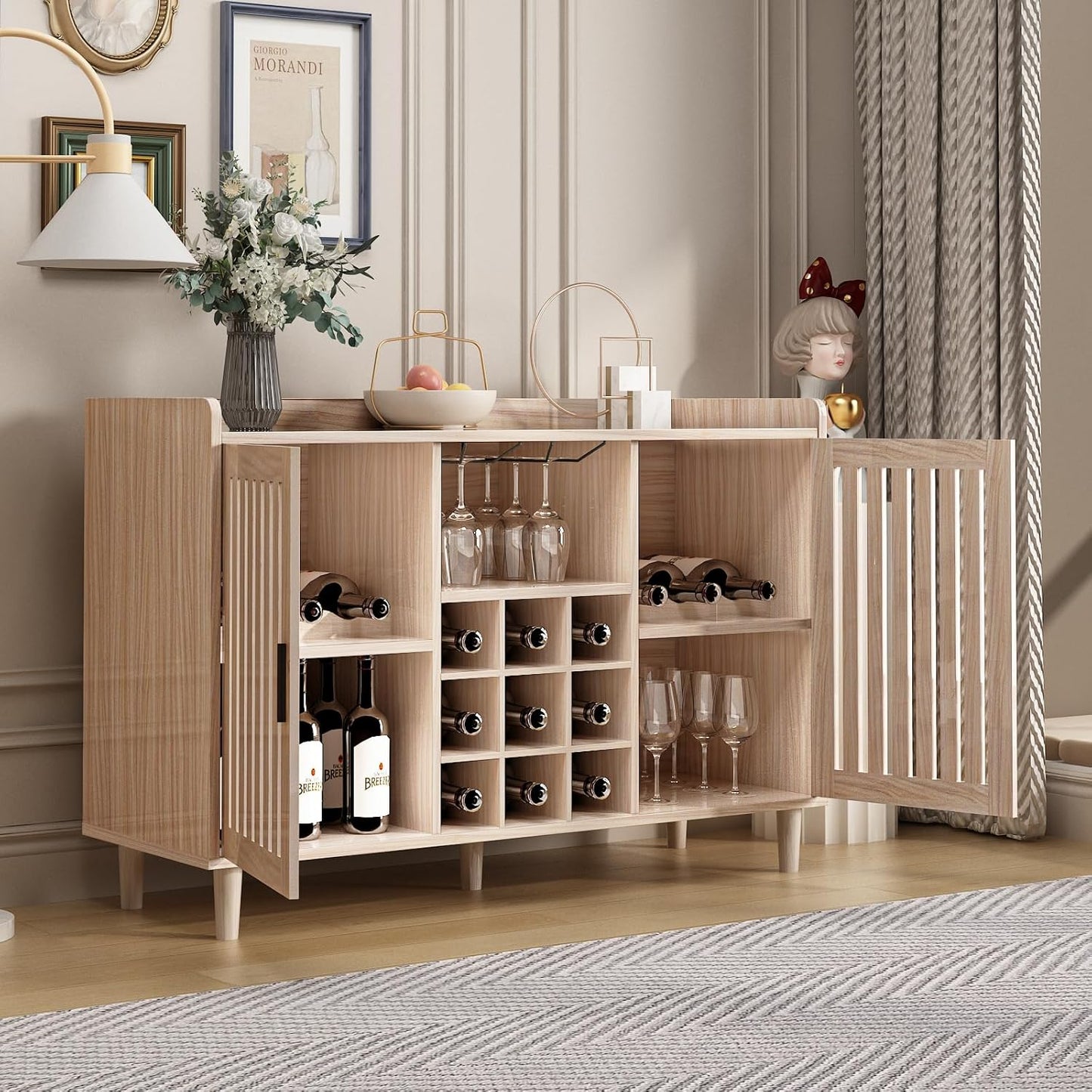  47“ Wine Bar Cabinet Farmhouse Kitchen Buffet Sideboard with Storage Shelf - Image 4