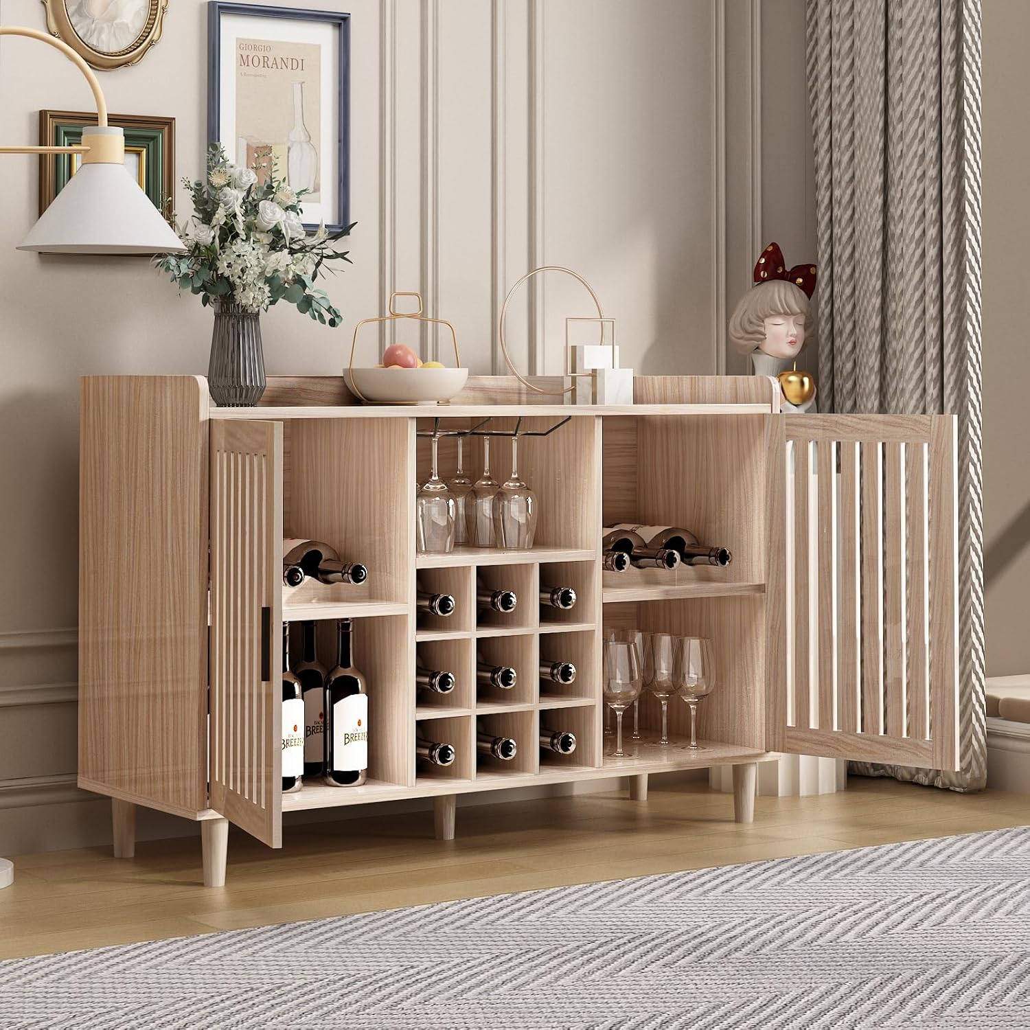  47“ Wine Bar Cabinet Farmhouse Kitchen Buffet Sideboard with Storage Shelf - Image 4