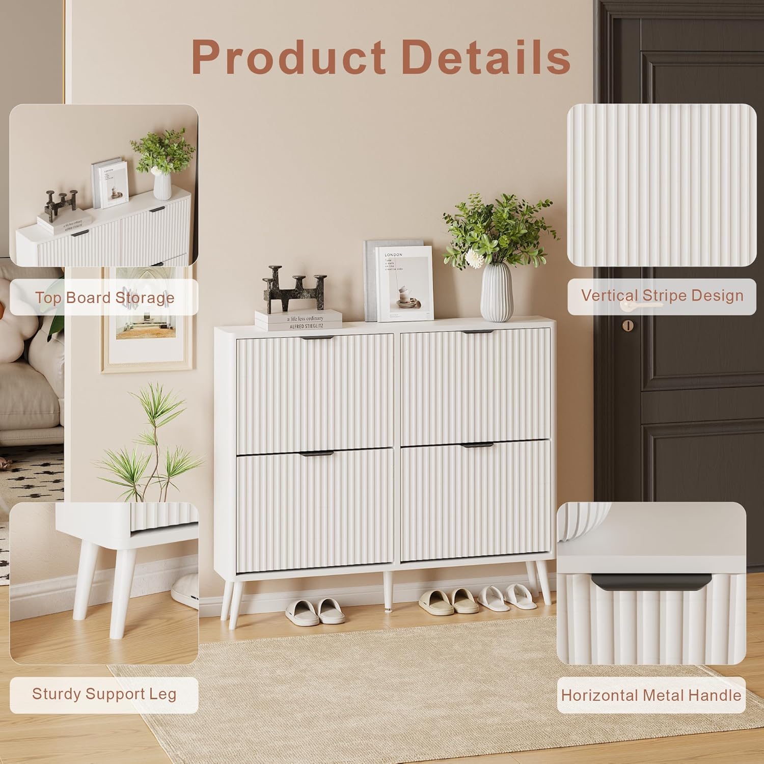  Narrow Shoe Storage Cabinet, Freestanding Shoe Cabinet Organizer for Entryway, Hallway (Pure White, 4 Flip) - Image 6